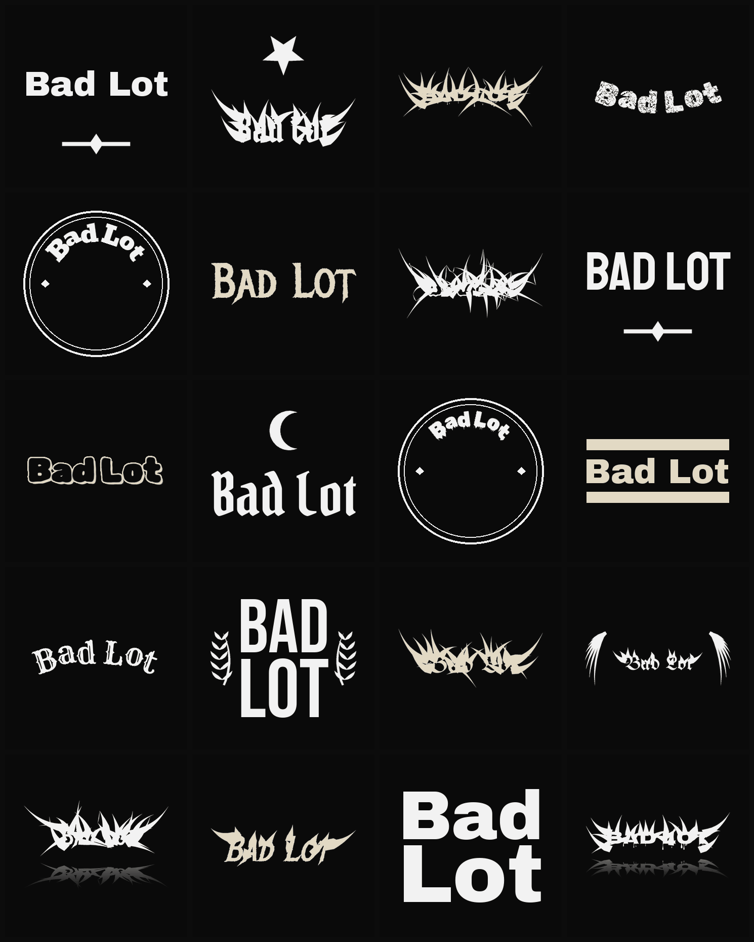 Twenty Bad Lot band logo ideas — different faces, treatments and spike settings