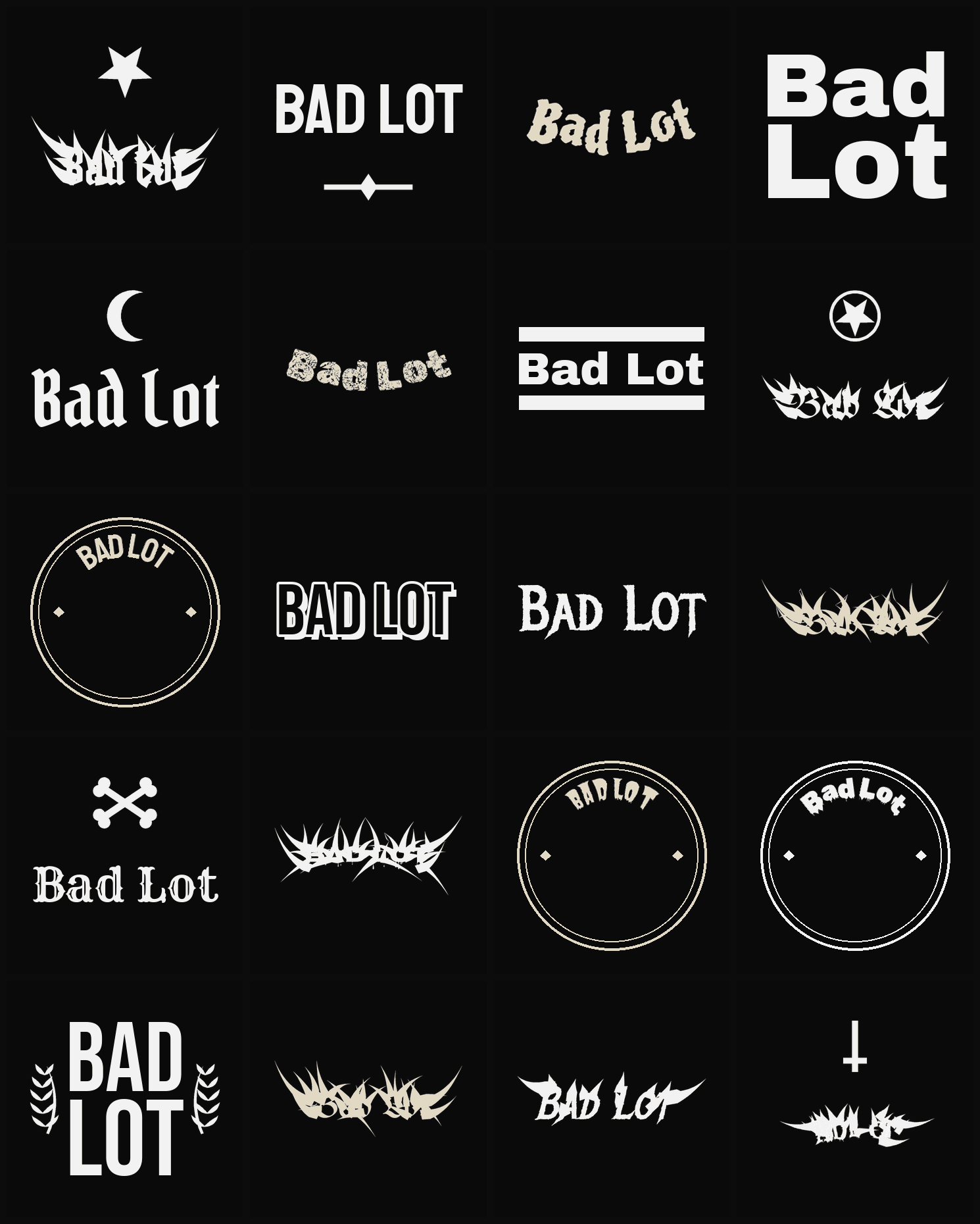 Twenty Bad Lot band logo ideas — different faces, treatments and spike settings
