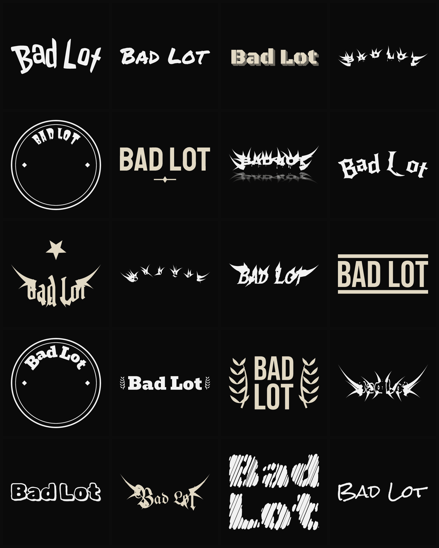 Twenty Bad Lot band logo ideas — different faces, treatments and spike settings