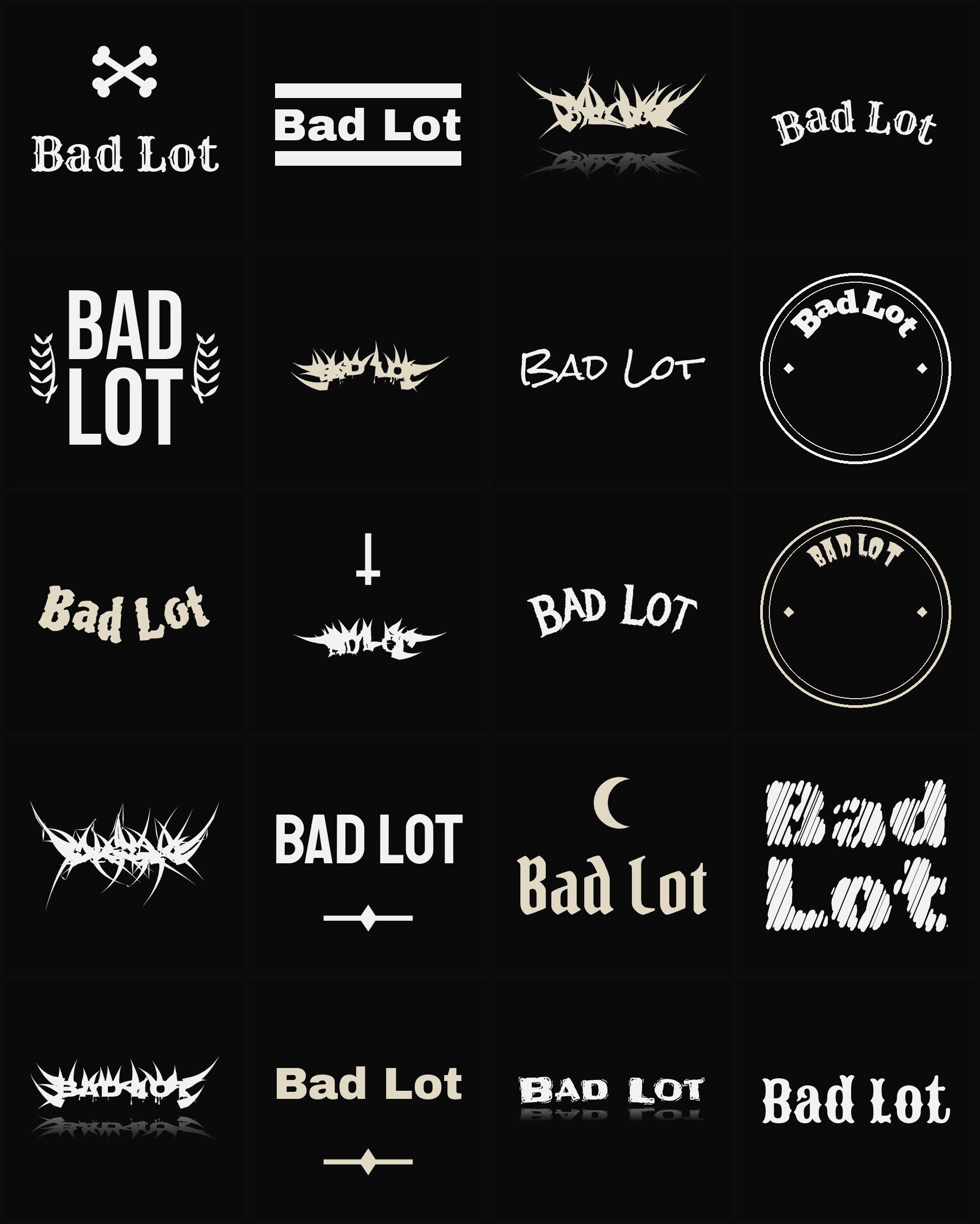 Twenty Bad Lot band logo ideas — different faces, treatments and spike settings