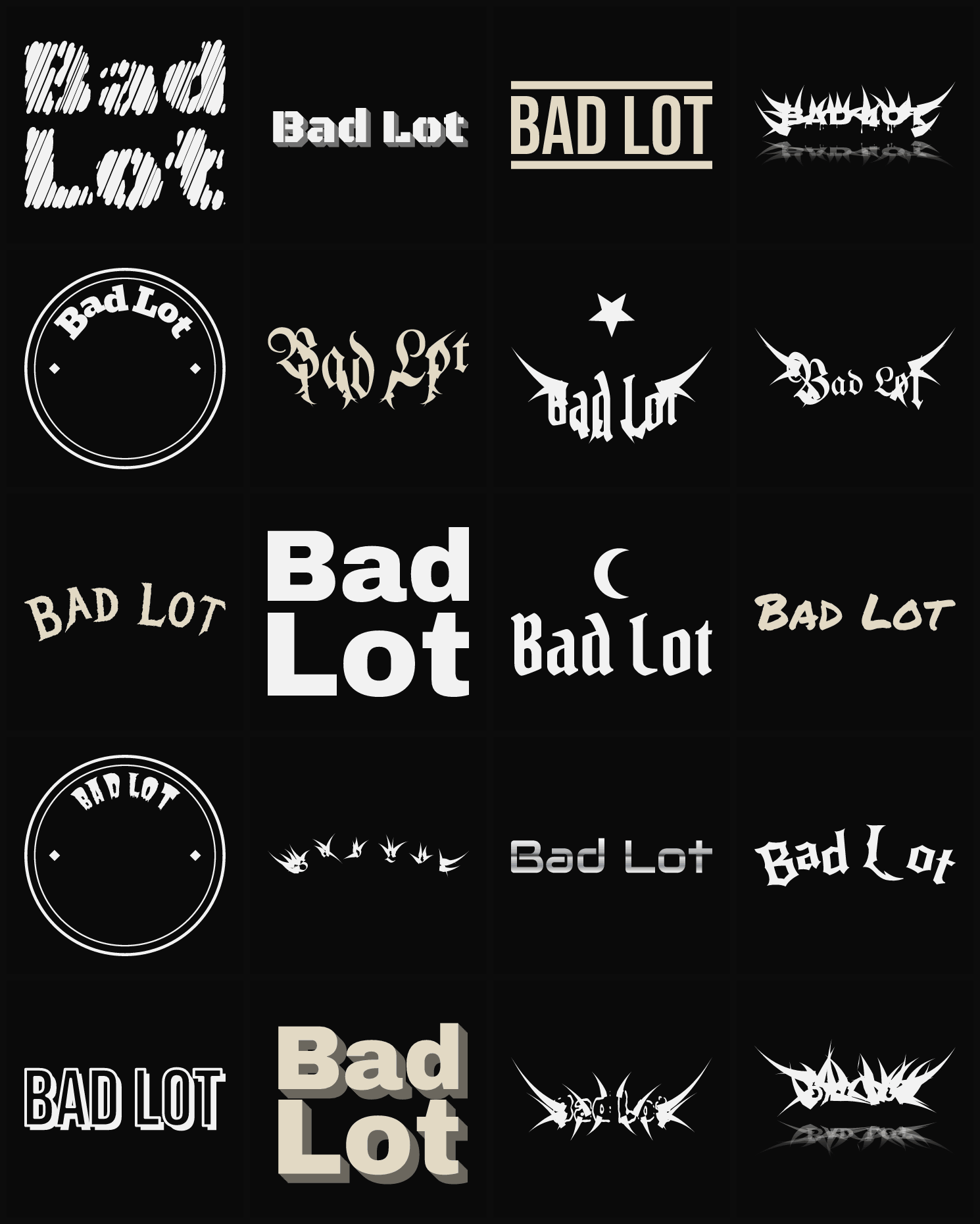 Twenty Bad Lot band logo ideas — different faces, treatments and spike settings
