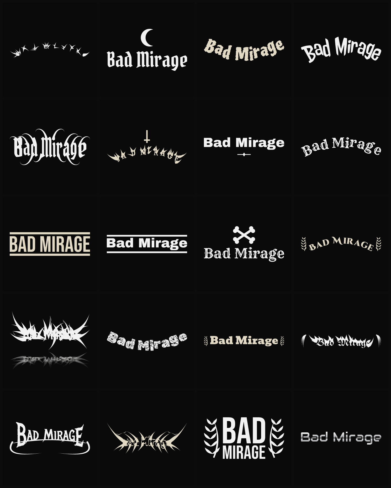 Twenty Bad Mirage band logo ideas — different faces, treatments and spike settings