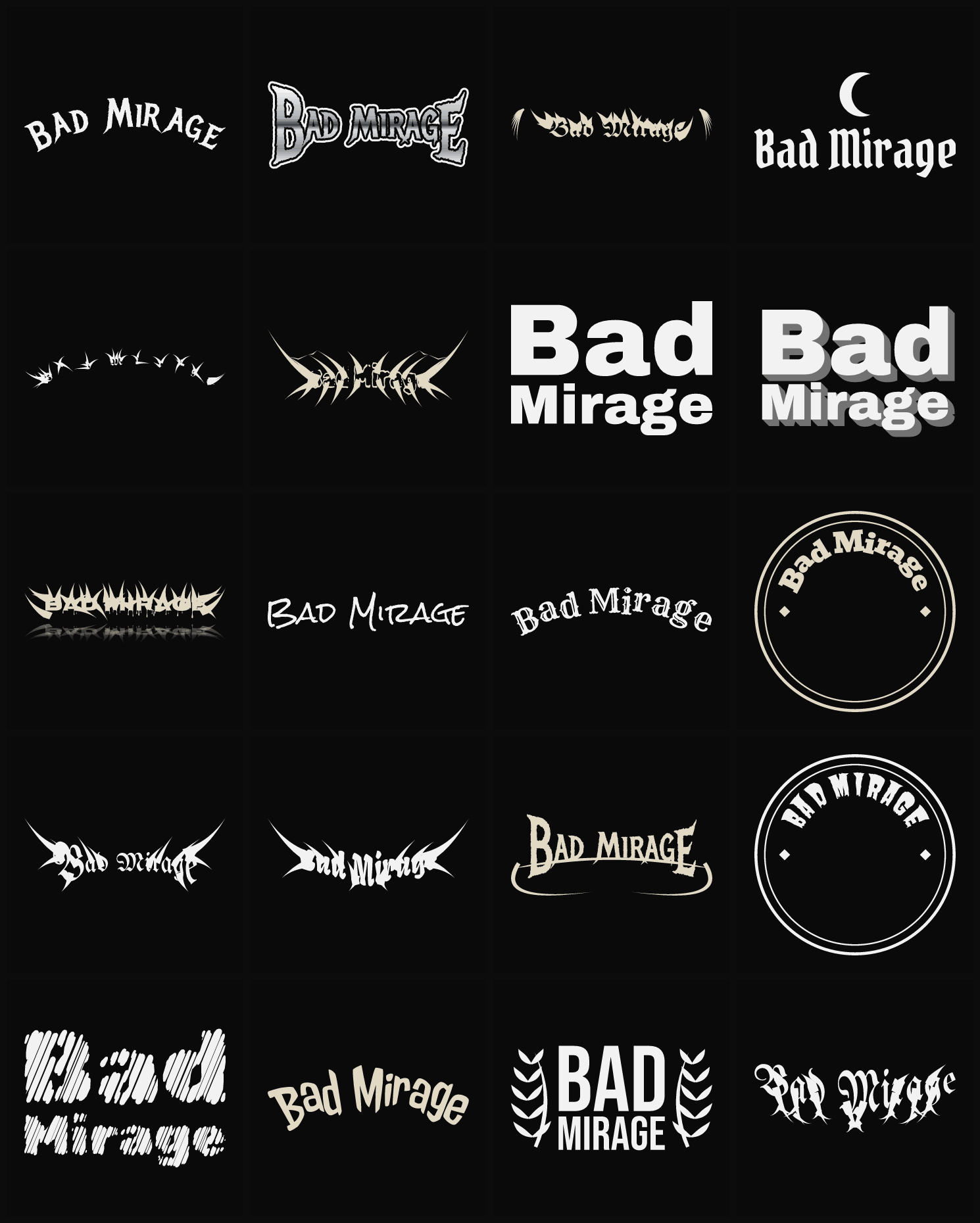 Twenty Bad Mirage band logo ideas — different faces, treatments and spike settings