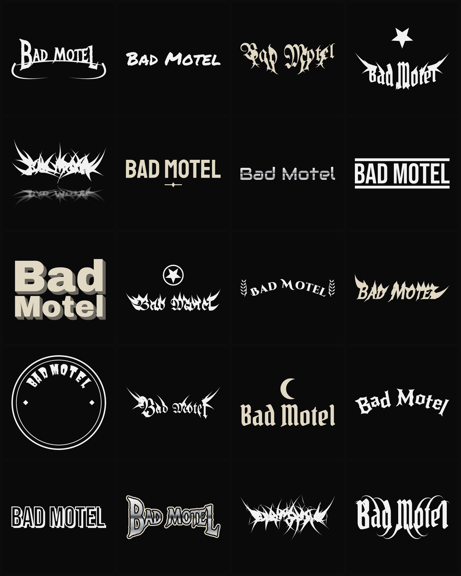 Twenty Bad Motel band logo ideas — different faces, treatments and spike settings