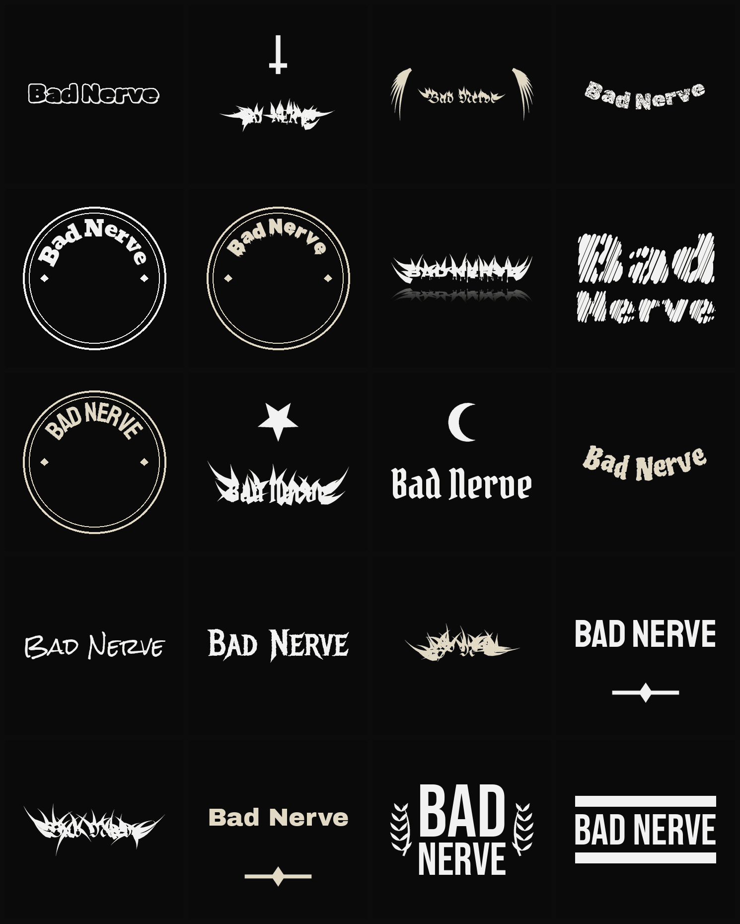 Twenty Bad Nerve band logo ideas — different faces, treatments and spike settings