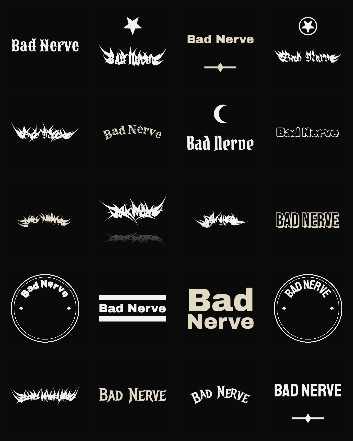 Twenty Bad Nerve band logo ideas — different faces, treatments and spike settings