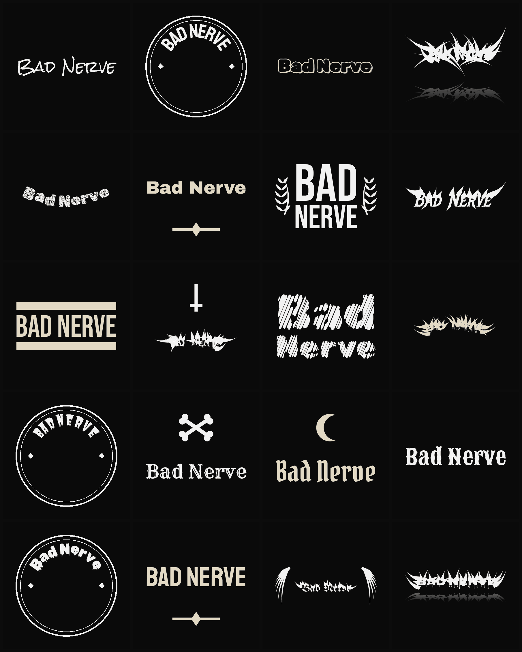 Twenty Bad Nerve band logo ideas — different faces, treatments and spike settings