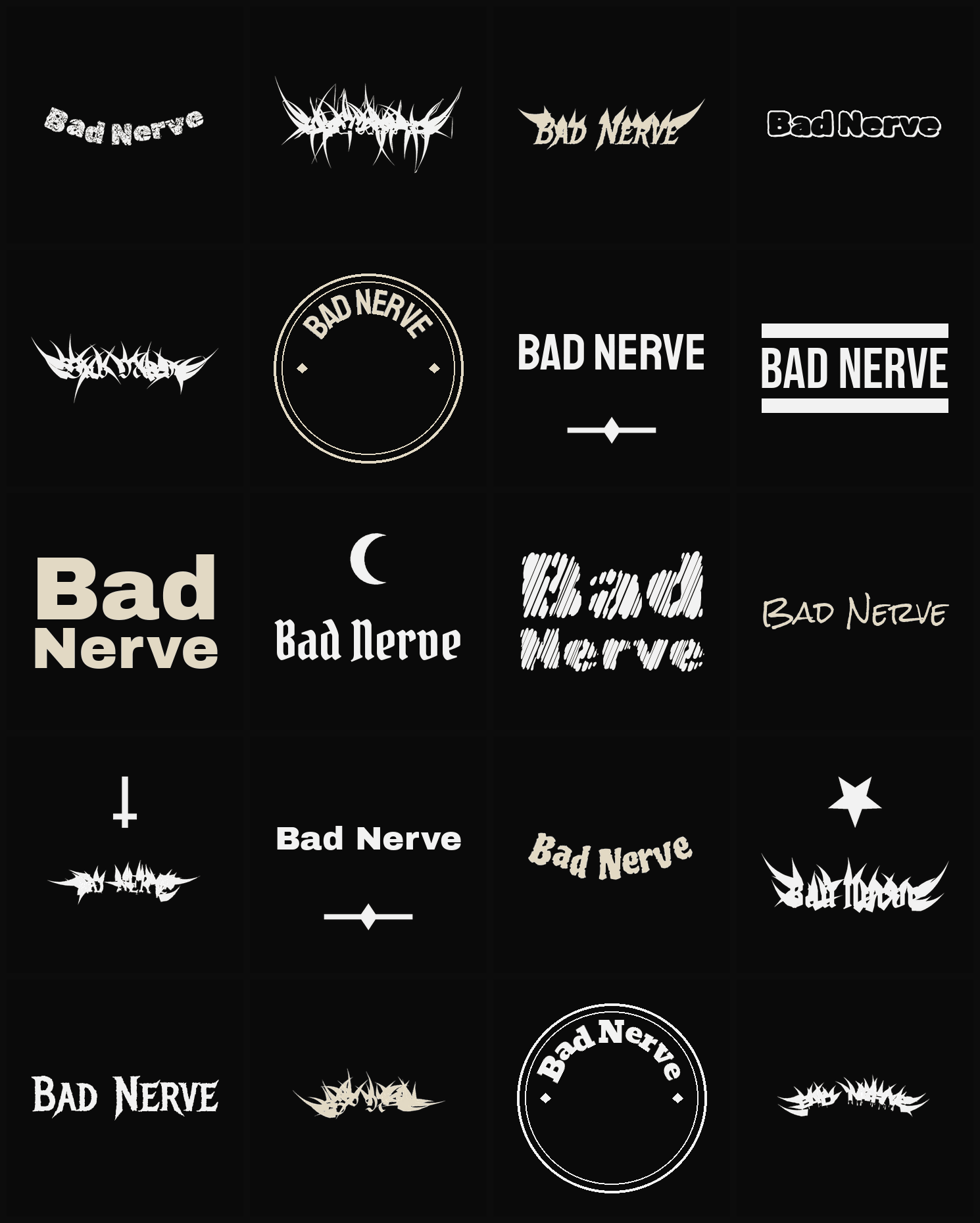 Twenty Bad Nerve band logo ideas — different faces, treatments and spike settings