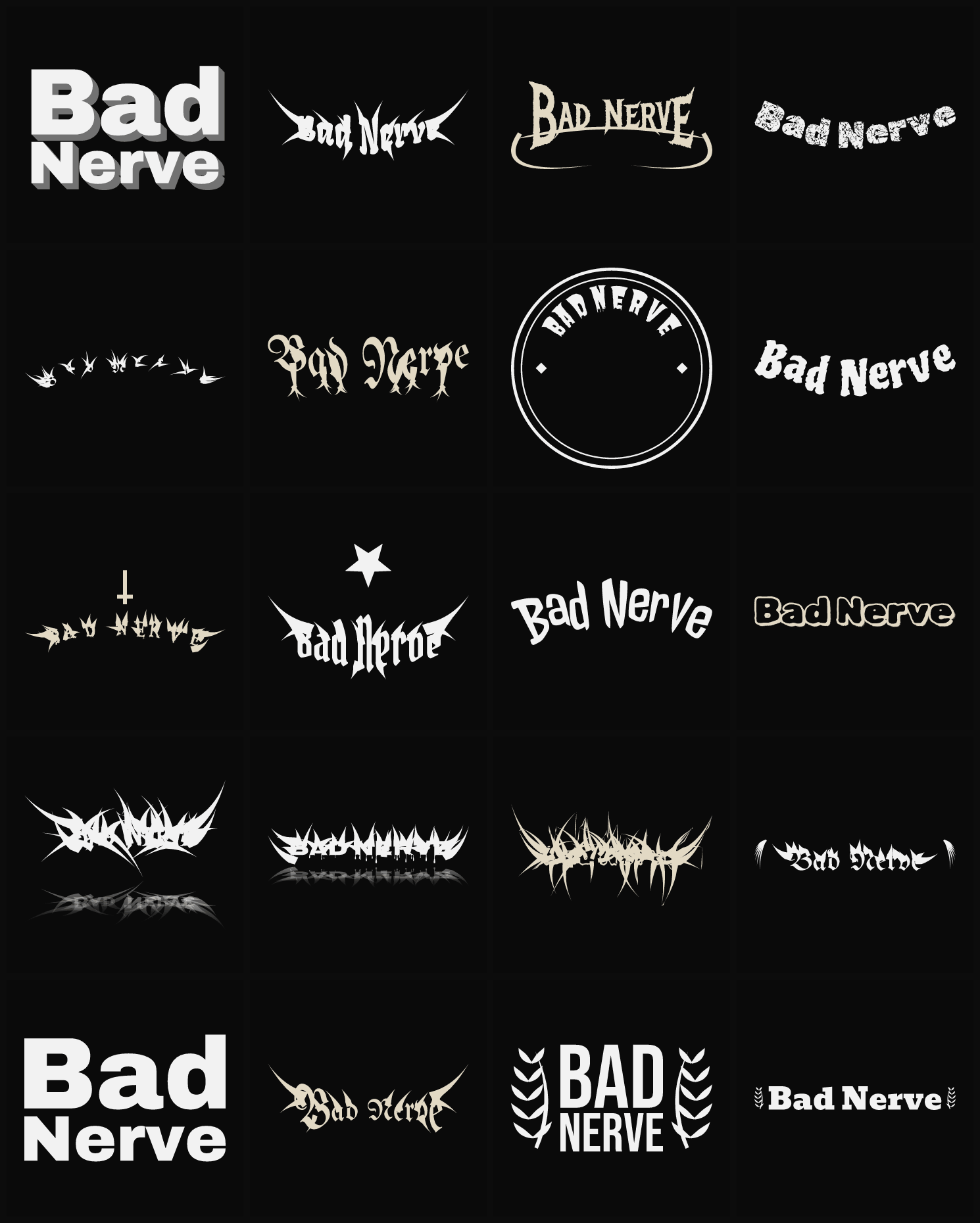 Twenty Bad Nerve band logo ideas — different faces, treatments and spike settings