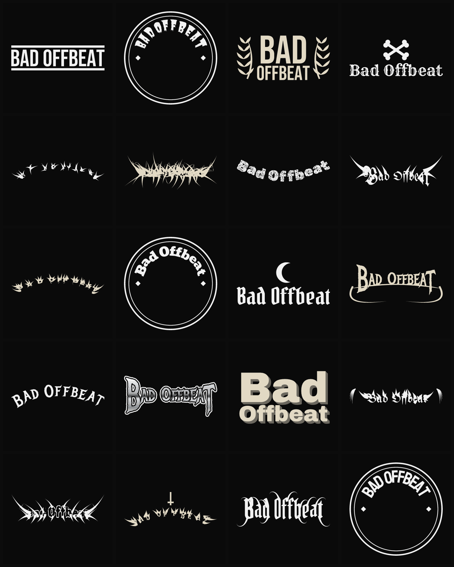 Twenty Bad Offbeat band logo ideas — different faces, treatments and spike settings