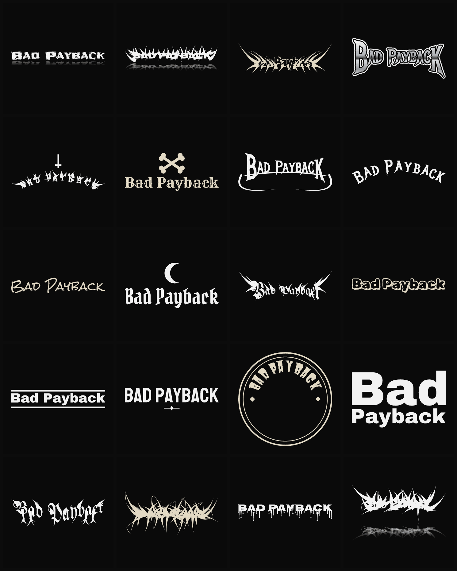 Twenty Bad Payback band logo ideas — different faces, treatments and spike settings