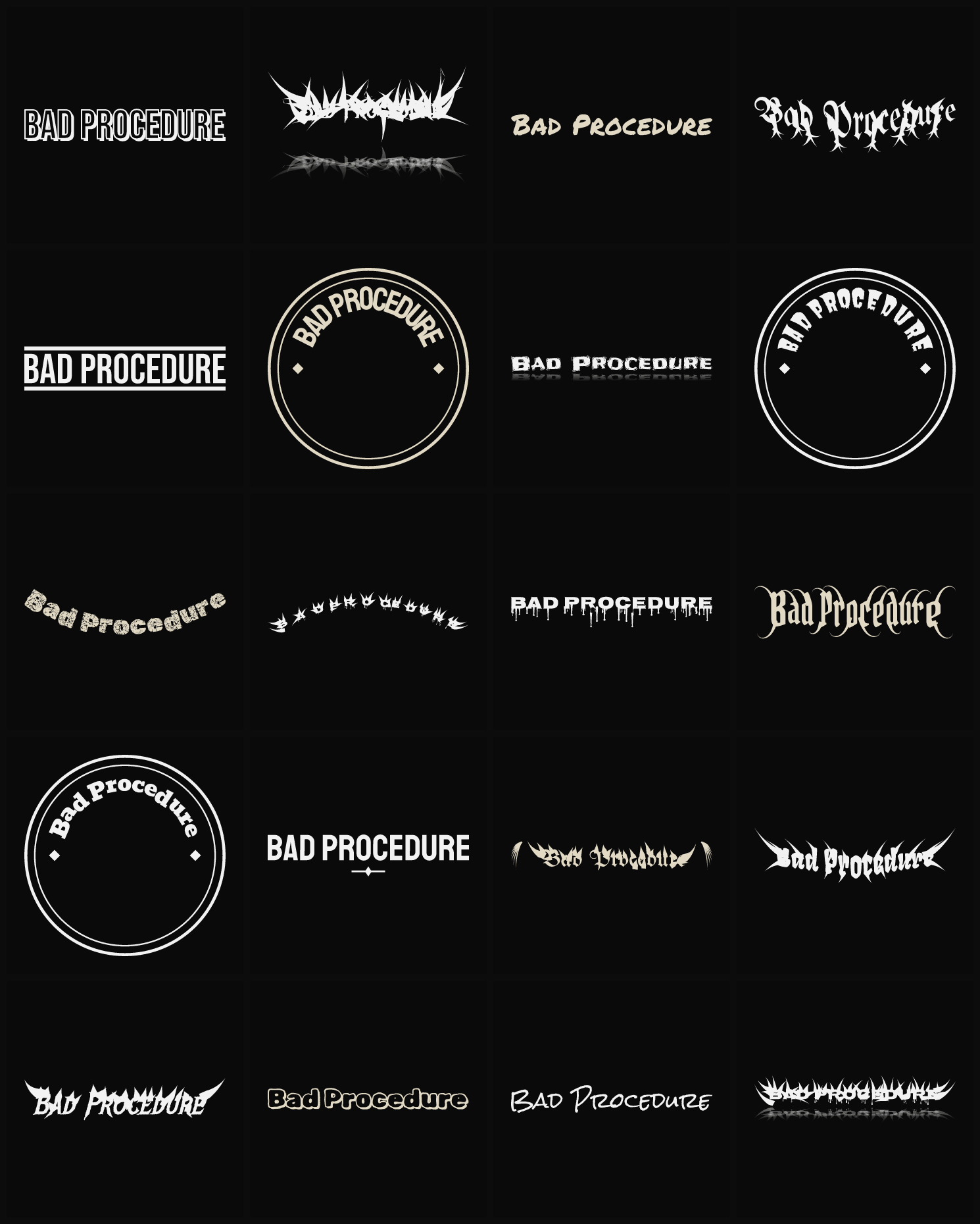 Twenty Bad Procedure band logo ideas — different faces, treatments and spike settings