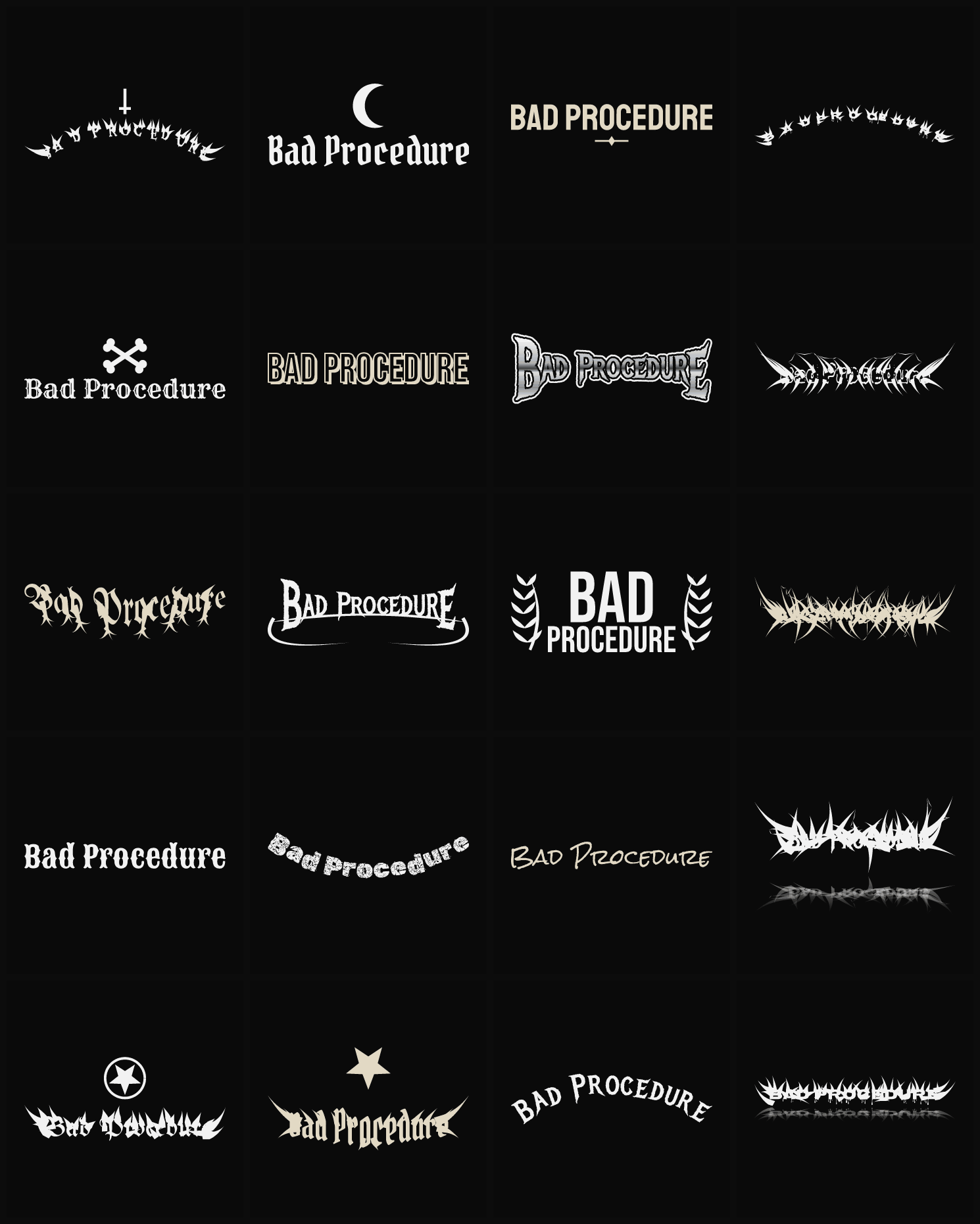 Twenty Bad Procedure band logo ideas — different faces, treatments and spike settings