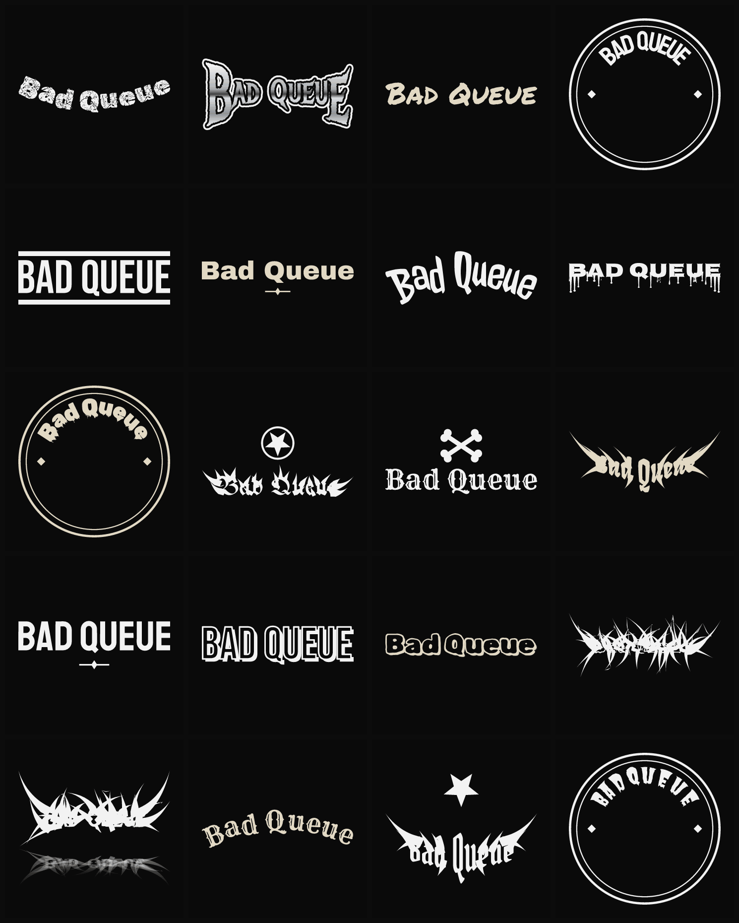 Twenty Bad Queue band logo ideas — different faces, treatments and spike settings