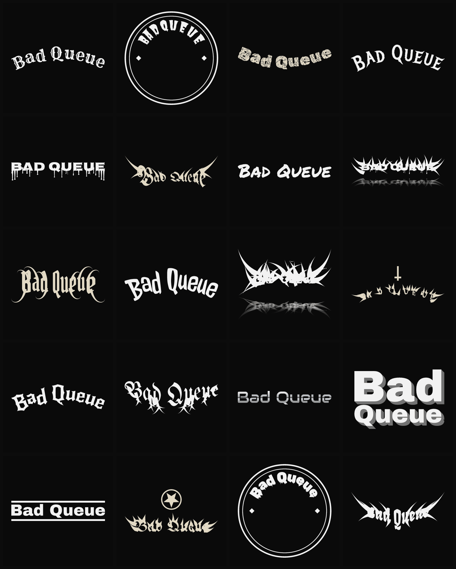 Twenty Bad Queue band logo ideas — different faces, treatments and spike settings