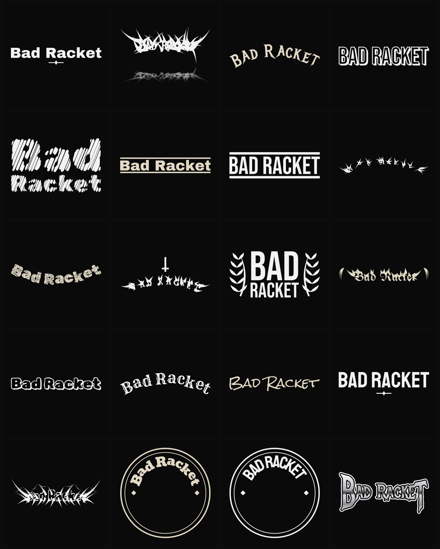 Twenty Bad Racket band logo ideas — different faces, treatments and spike settings