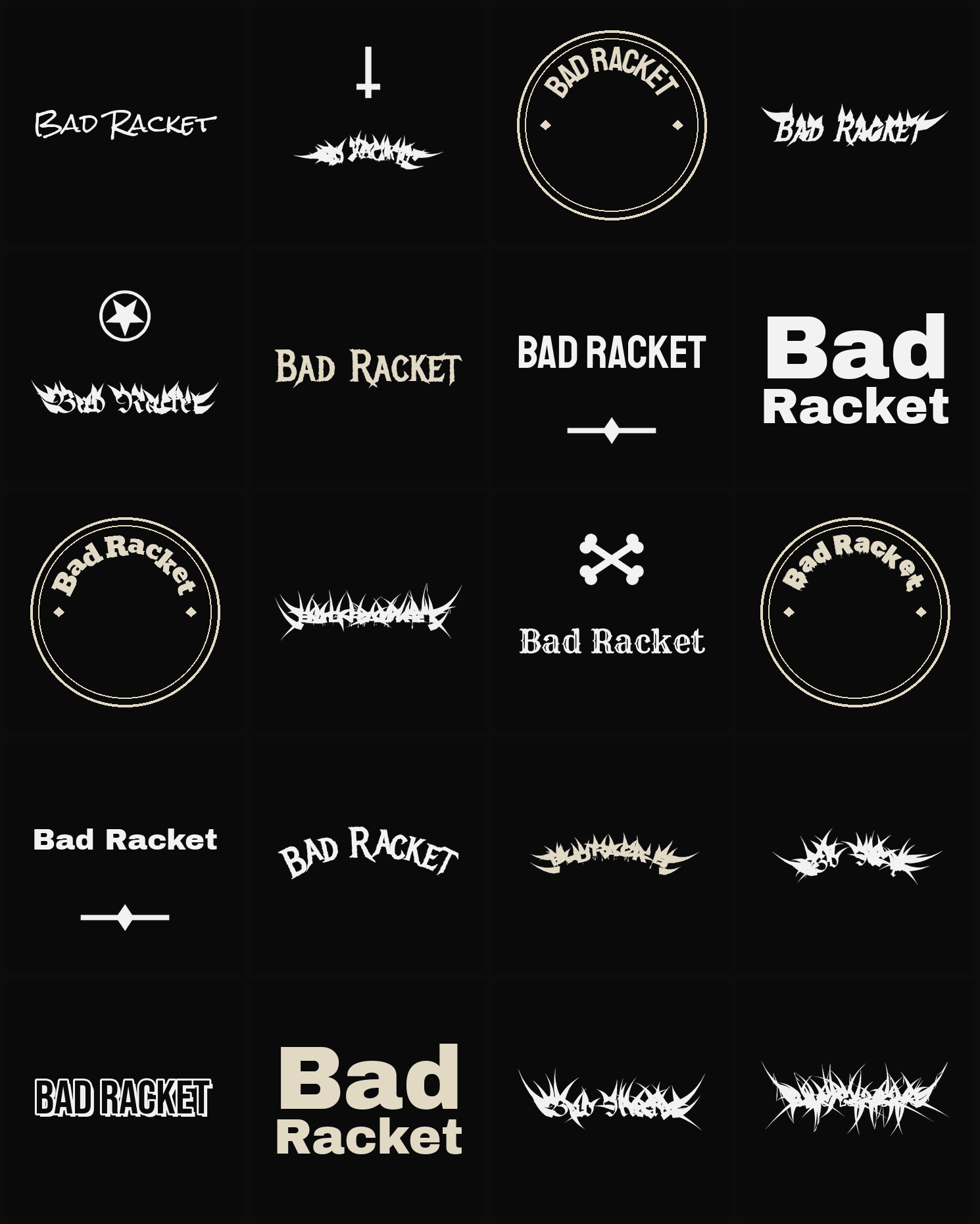 Twenty Bad Racket band logo ideas — different faces, treatments and spike settings