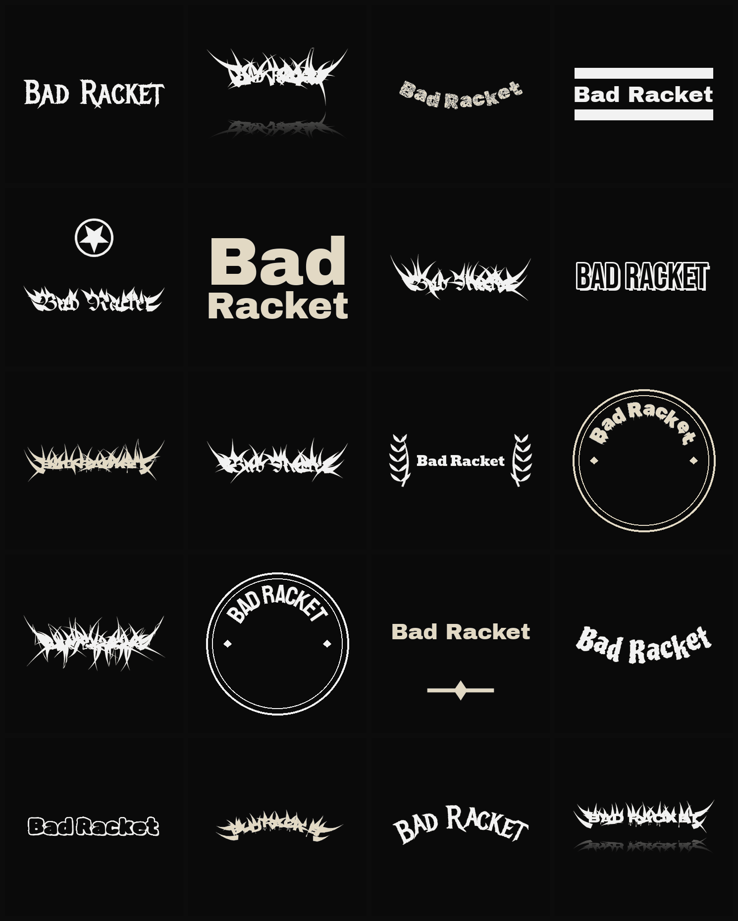 Twenty Bad Racket band logo ideas — different faces, treatments and spike settings