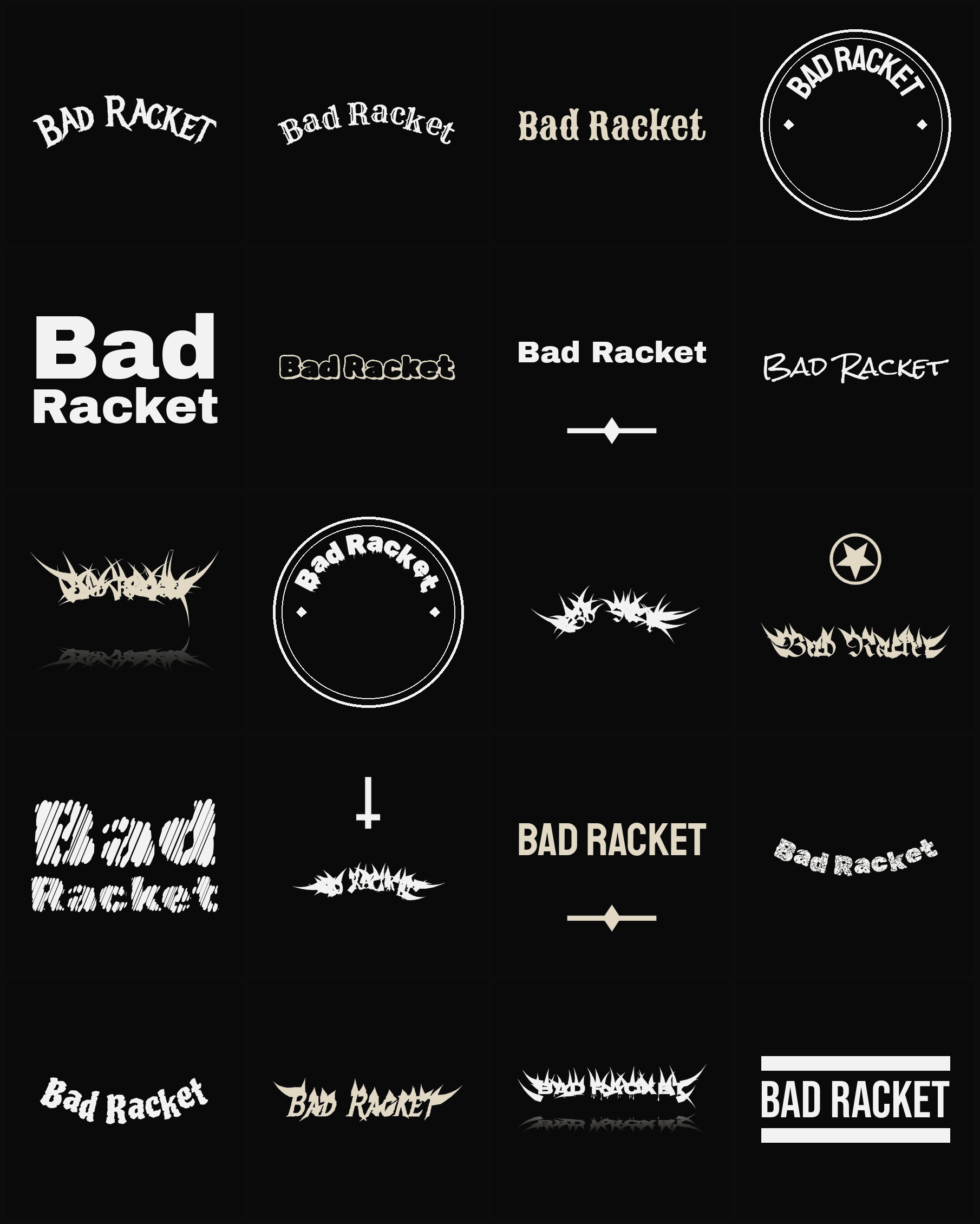 Twenty Bad Racket band logo ideas — different faces, treatments and spike settings