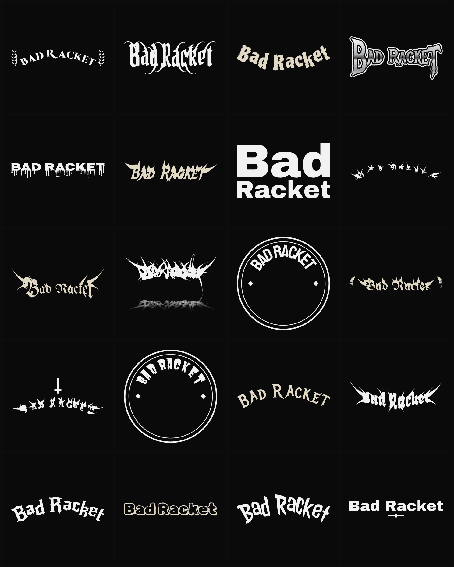 Twenty Bad Racket band logo ideas — different faces, treatments and spike settings