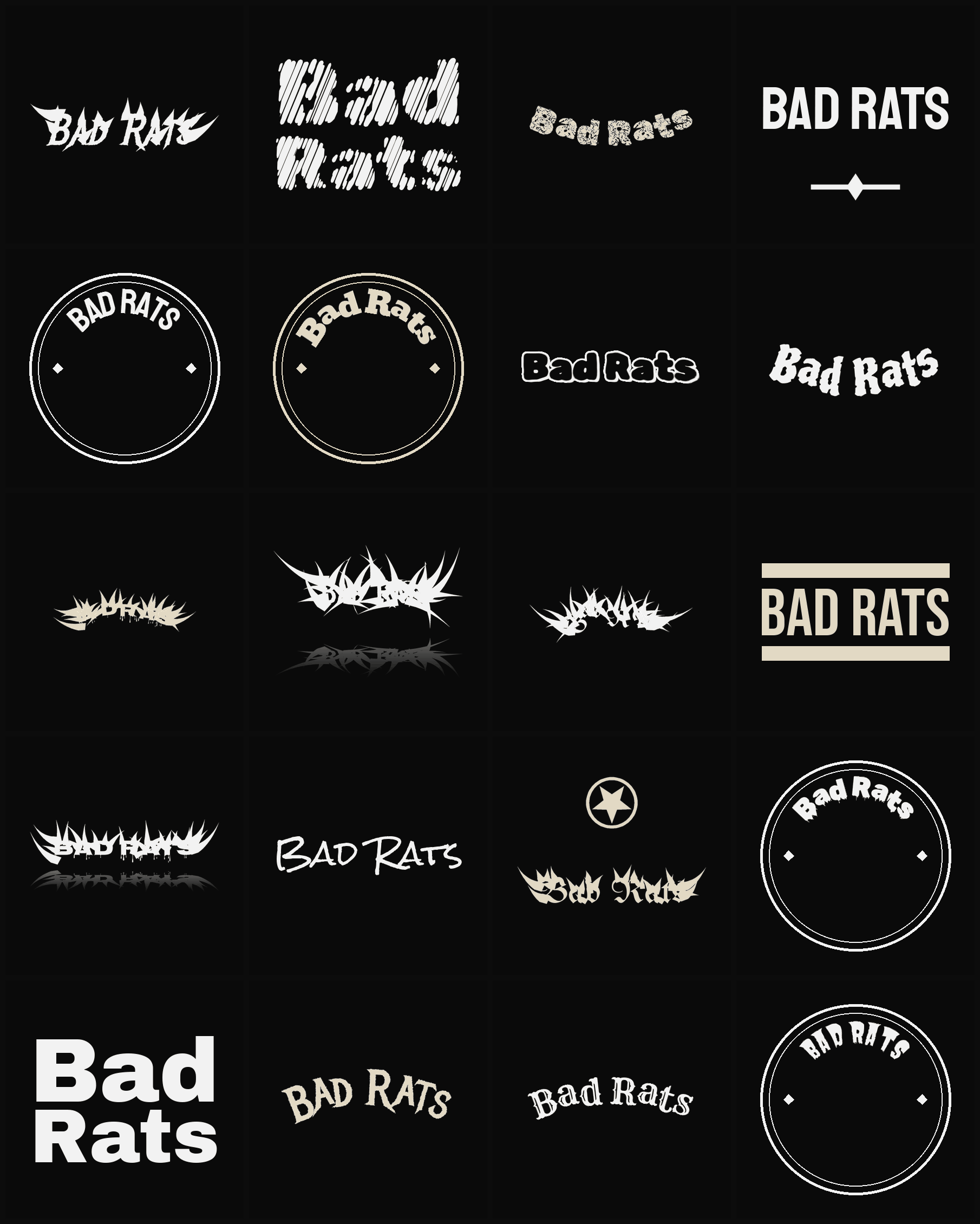 Twenty Bad Rats band logo ideas — different faces, treatments and spike settings