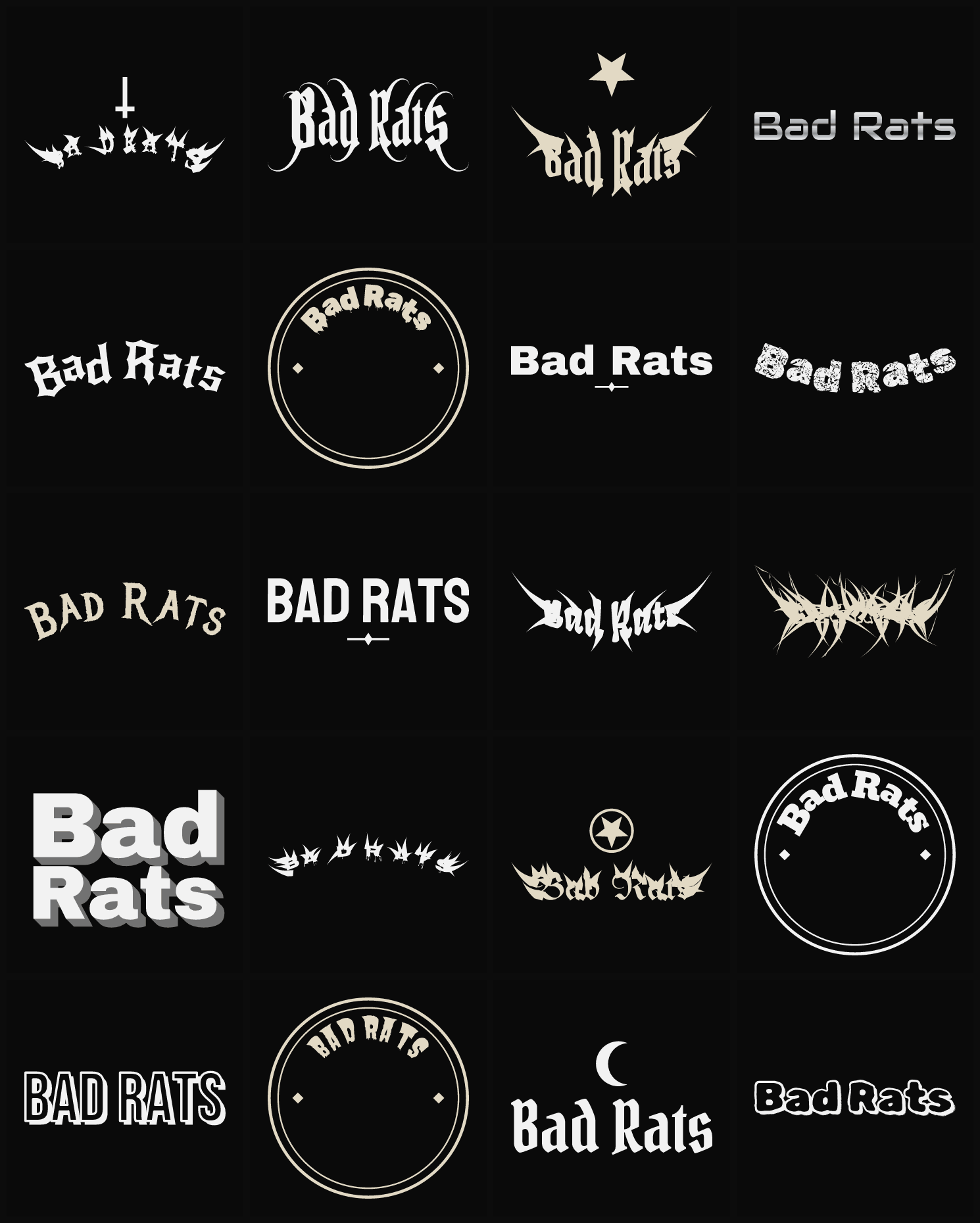 Twenty Bad Rats band logo ideas — different faces, treatments and spike settings