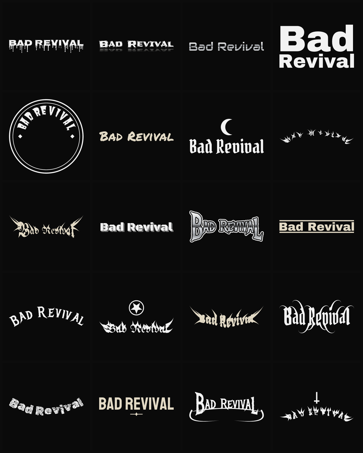 Twenty Bad Revival band logo ideas — different faces, treatments and spike settings