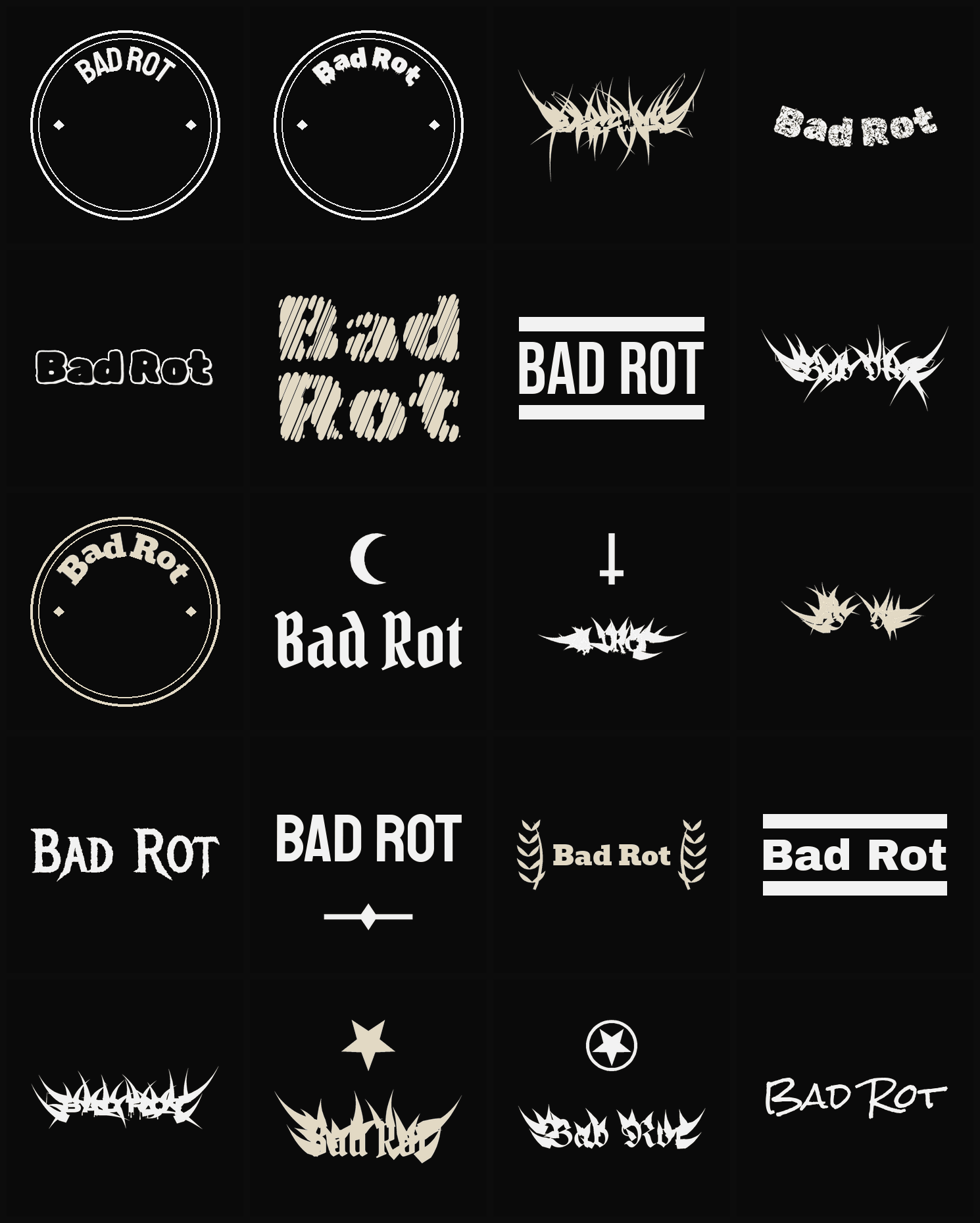 Twenty Bad Rot band logo ideas — different faces, treatments and spike settings