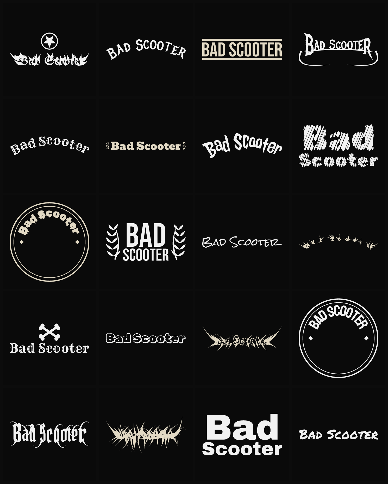 Twenty Bad Scooter band logo ideas — different faces, treatments and spike settings