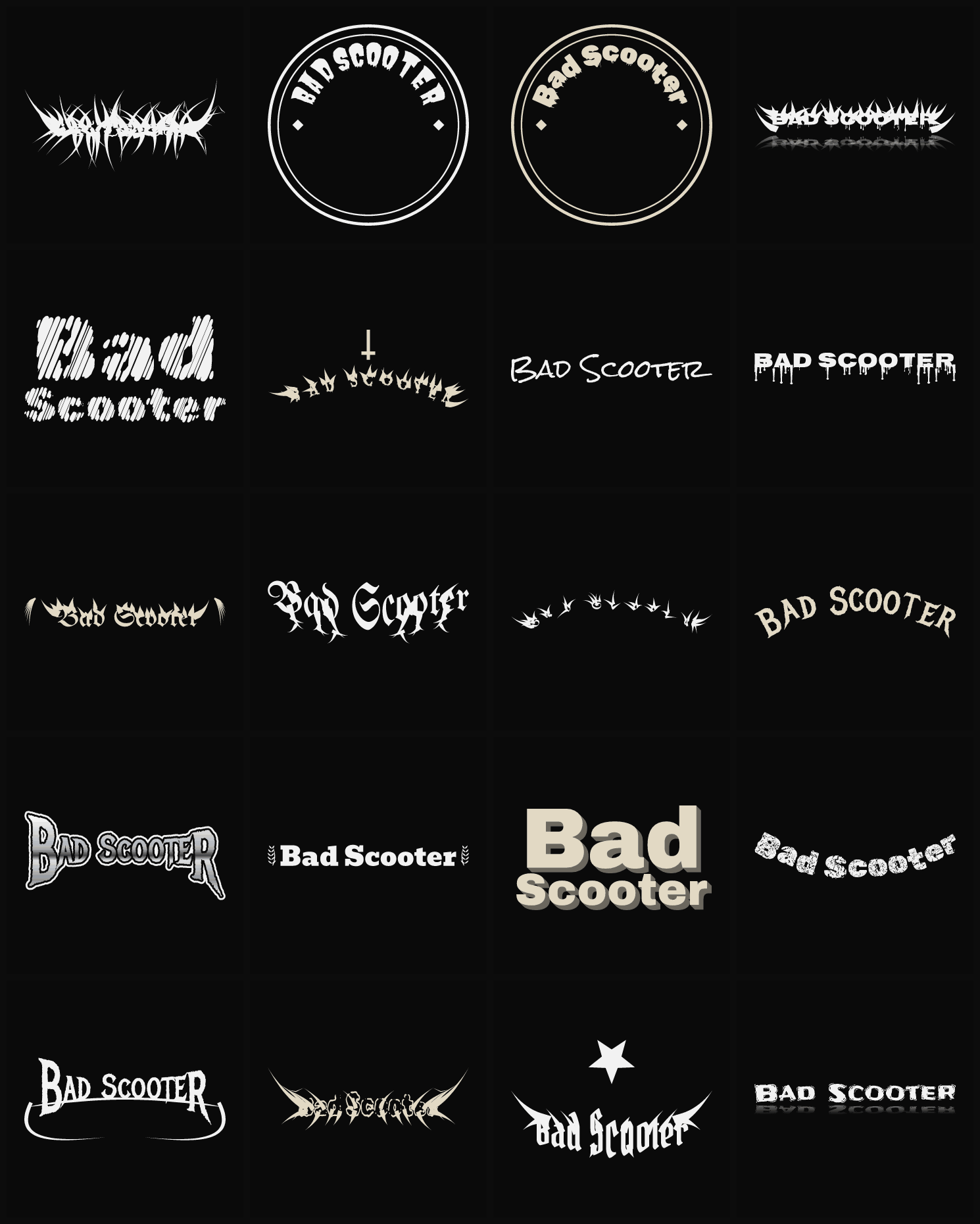 Twenty Bad Scooter band logo ideas — different faces, treatments and spike settings