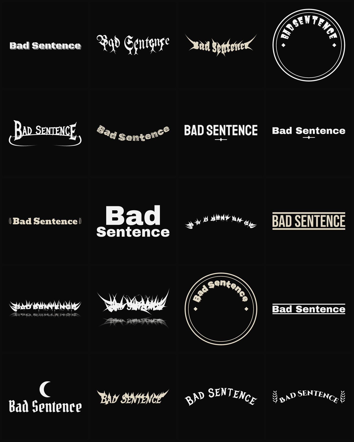 Twenty Bad Sentence band logo ideas — different faces, treatments and spike settings