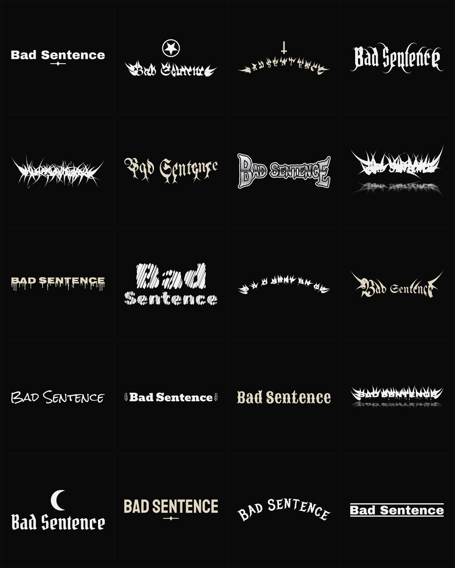 Twenty Bad Sentence band logo ideas — different faces, treatments and spike settings