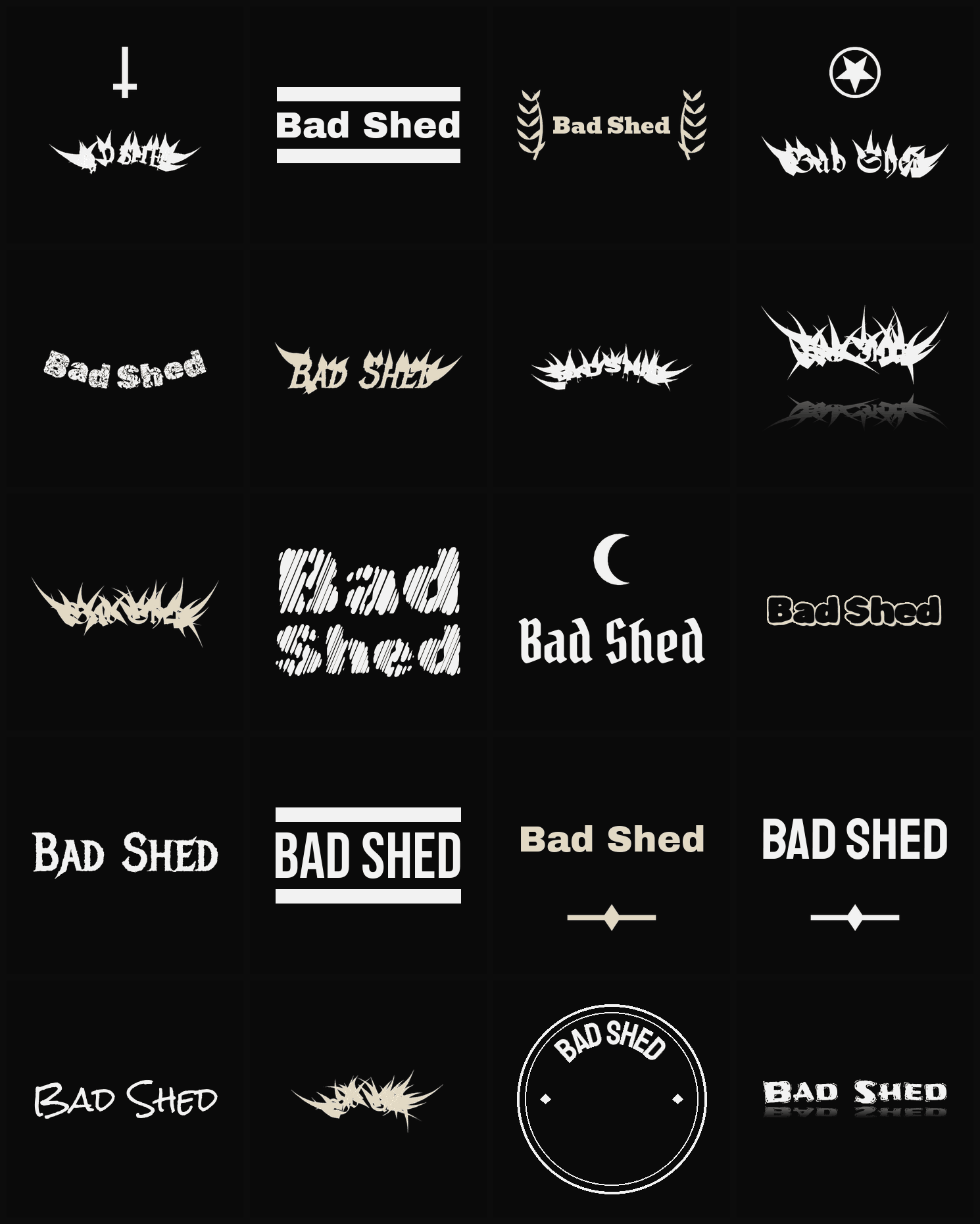 Twenty Bad Shed band logo ideas — different faces, treatments and spike settings