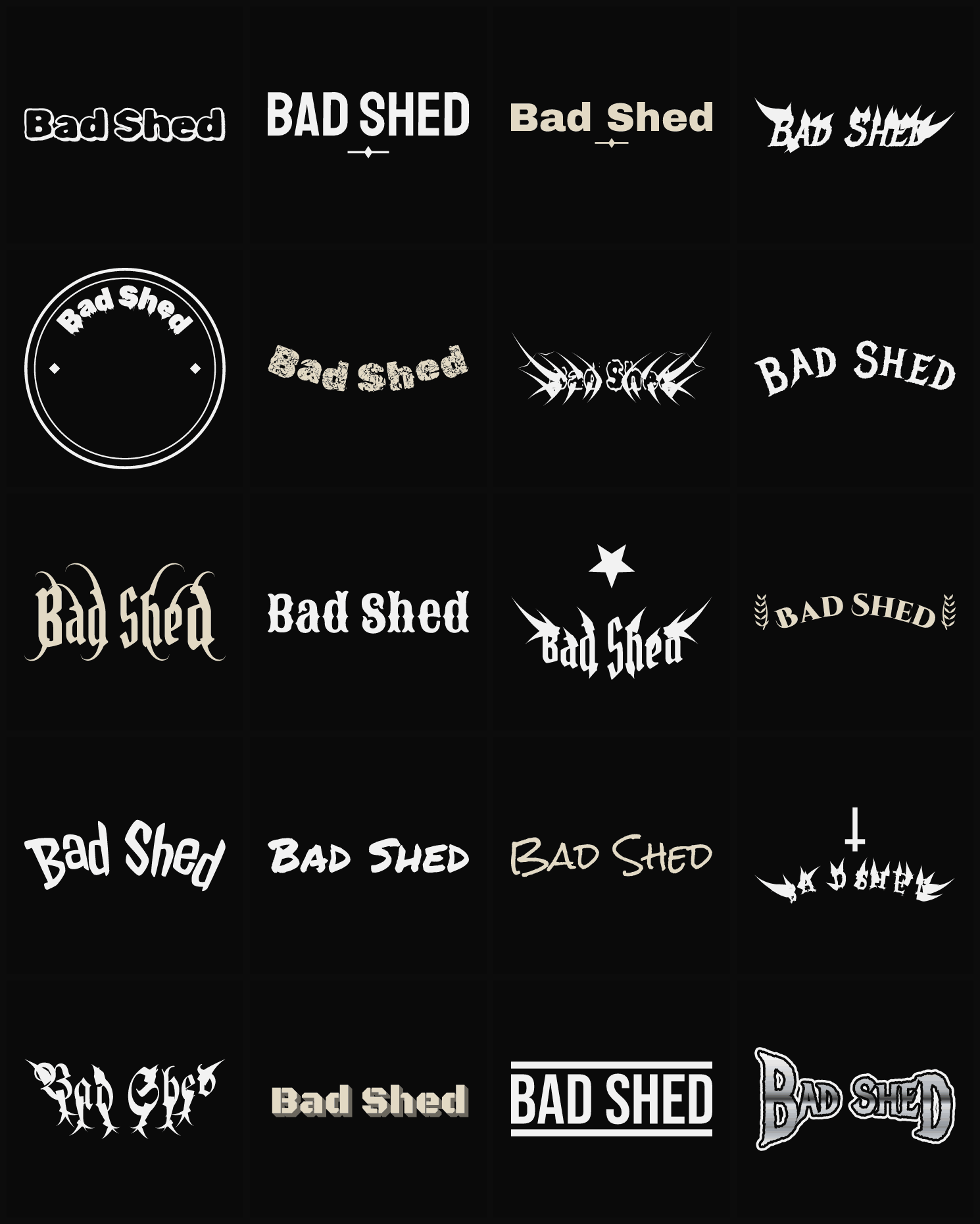 Twenty Bad Shed band logo ideas — different faces, treatments and spike settings