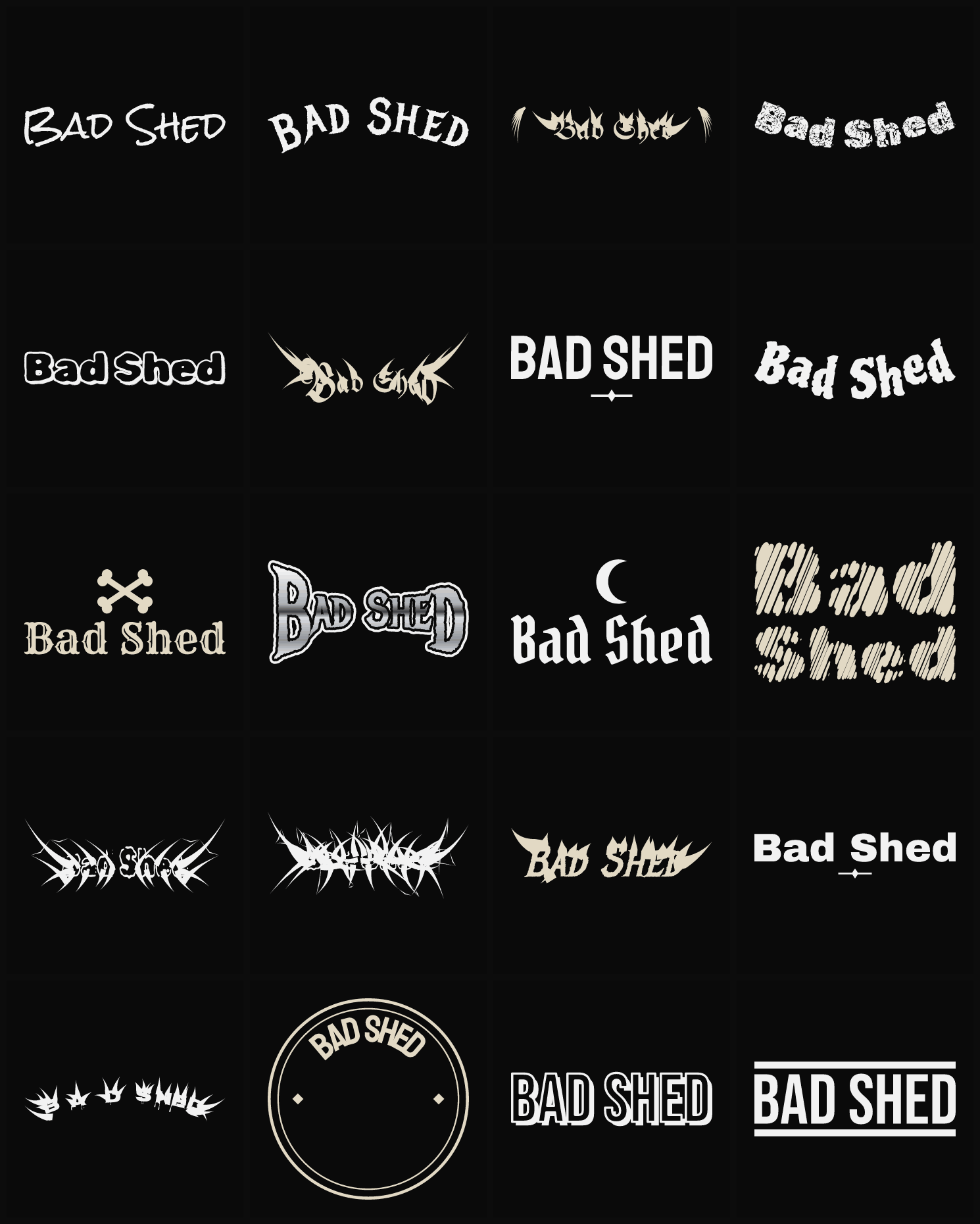 Twenty Bad Shed band logo ideas — different faces, treatments and spike settings