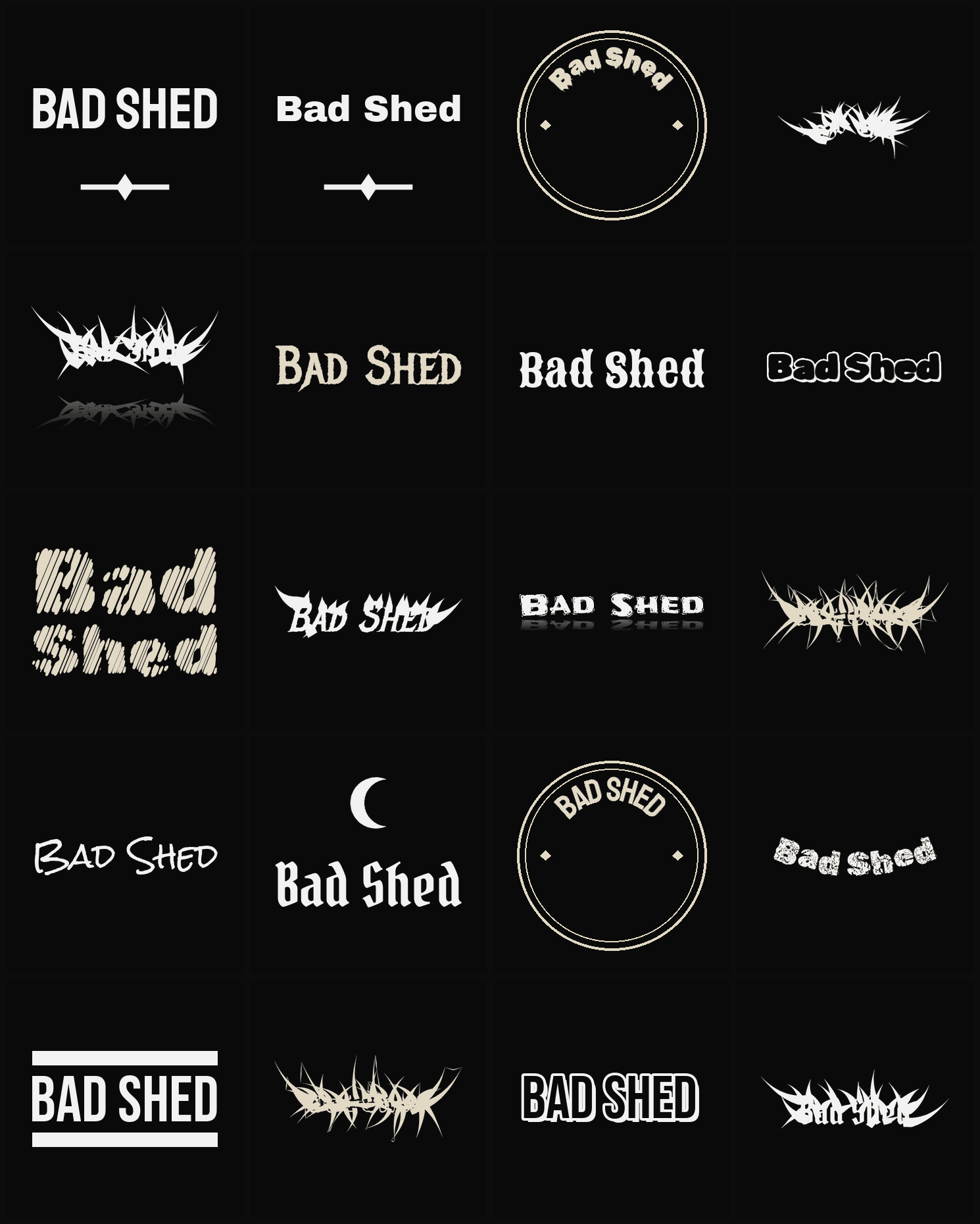 Twenty Bad Shed band logo ideas — different faces, treatments and spike settings