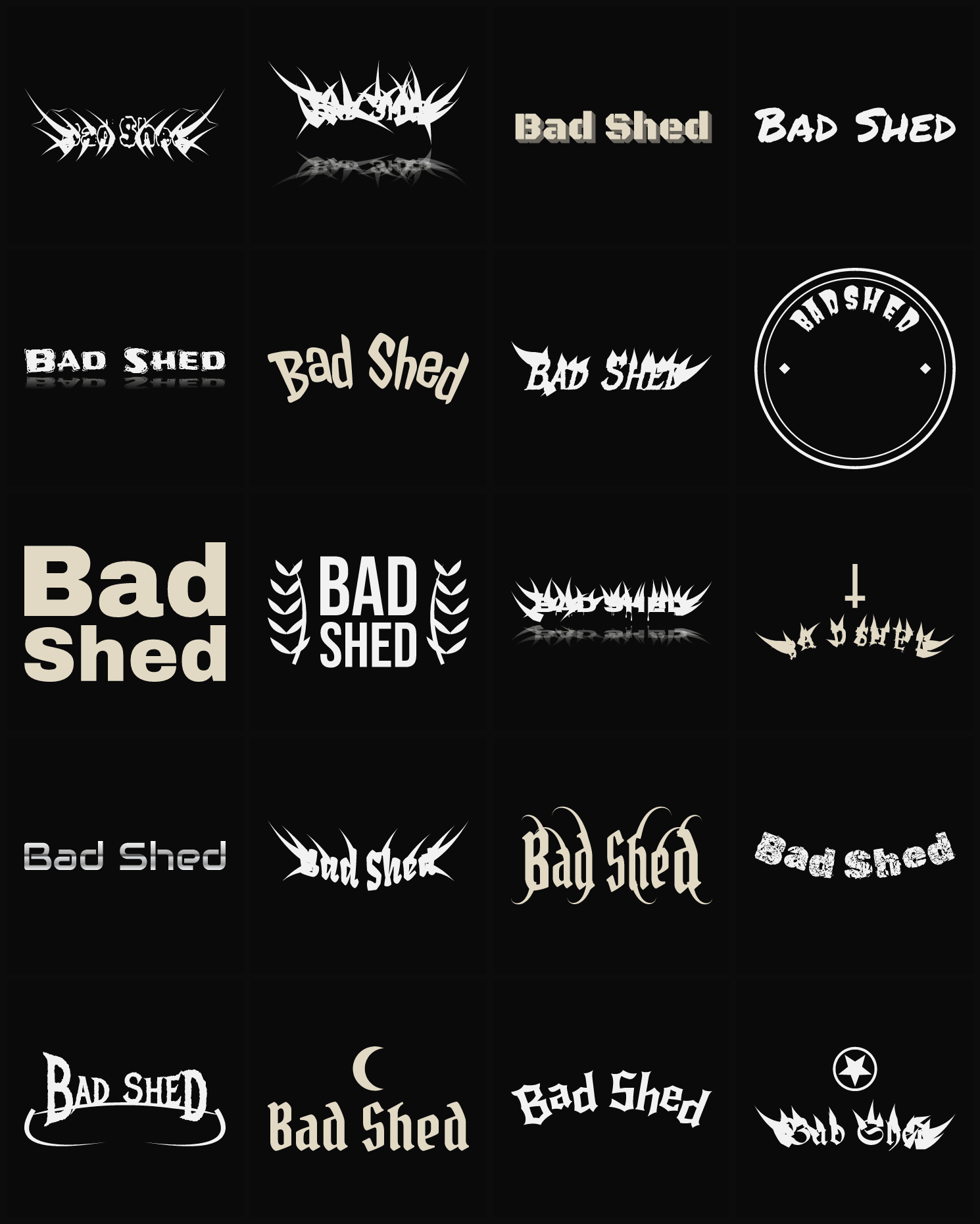 Twenty Bad Shed band logo ideas — different faces, treatments and spike settings