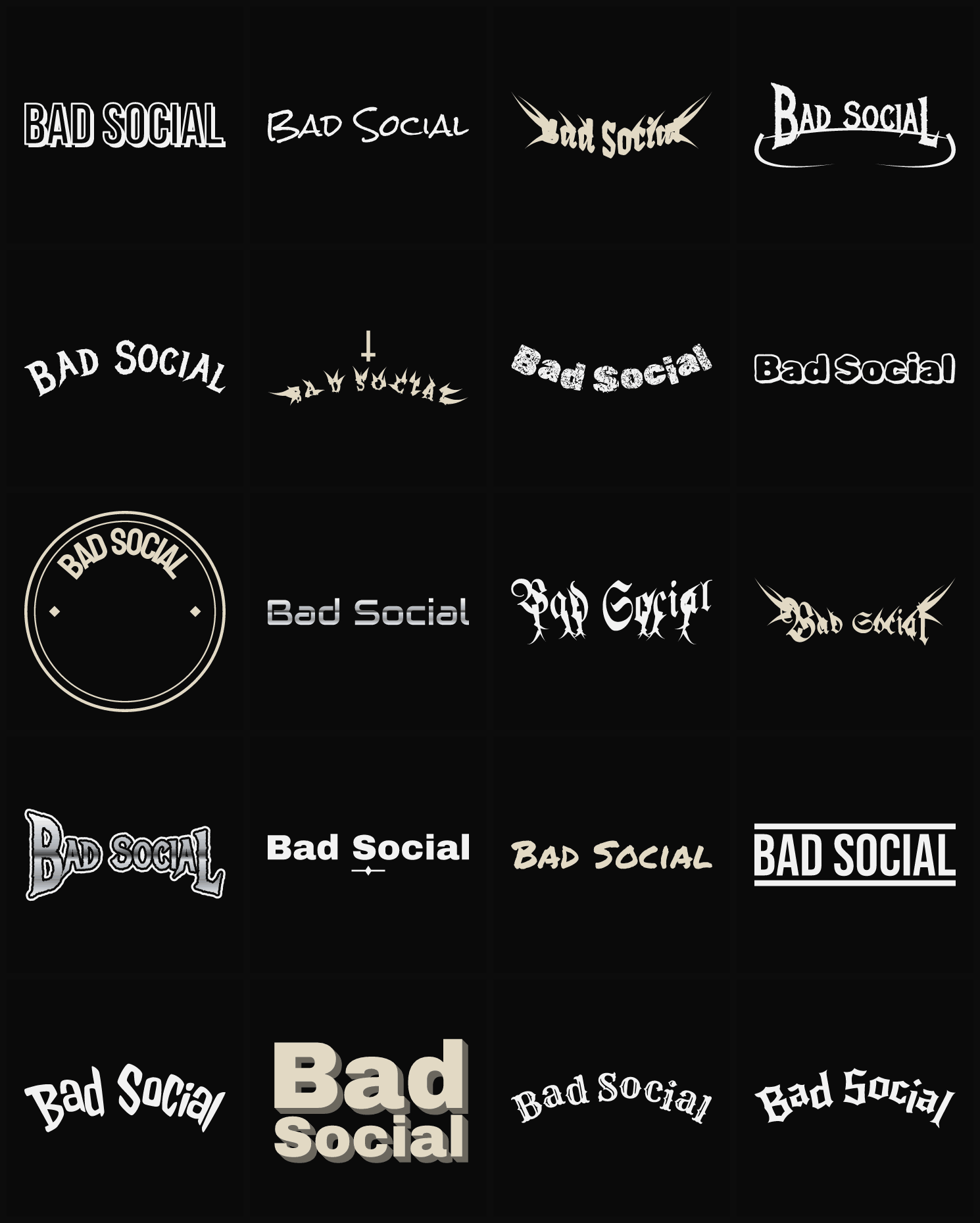 Twenty Bad Social band logo ideas — different faces, treatments and spike settings