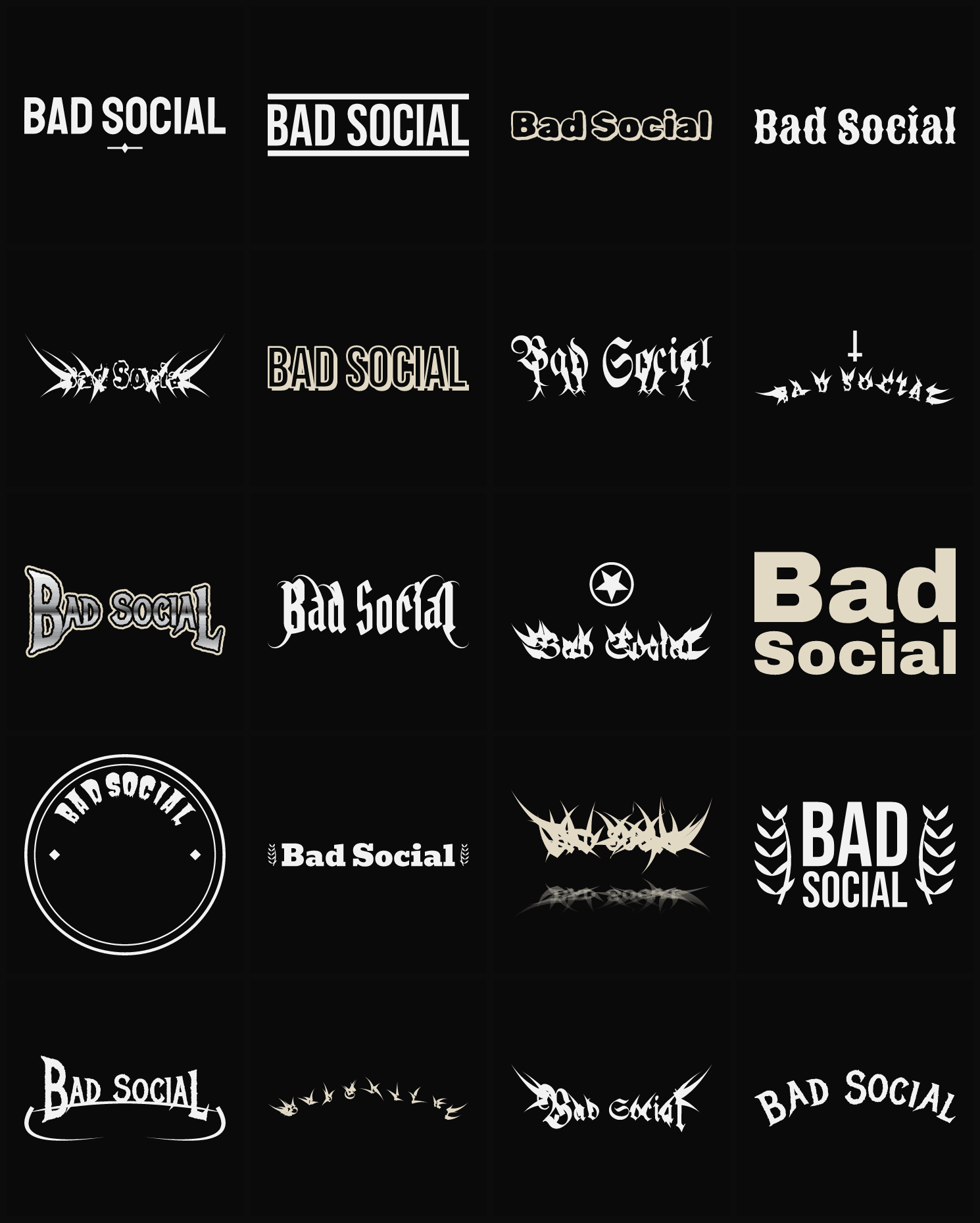 Twenty Bad Social band logo ideas — different faces, treatments and spike settings