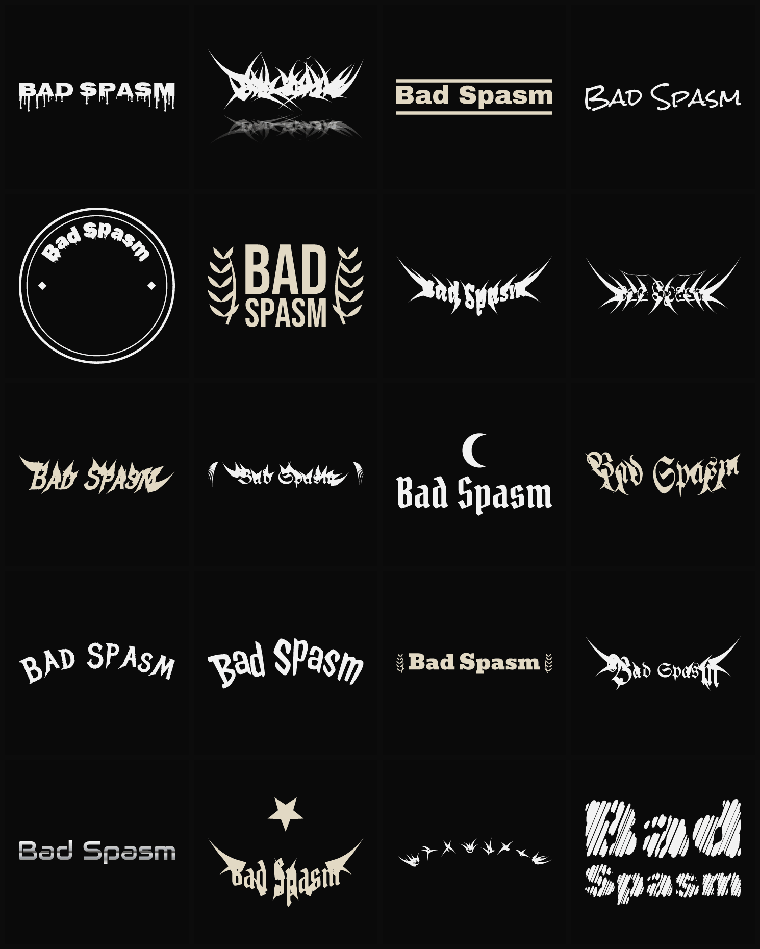 Twenty Bad Spasm band logo ideas — different faces, treatments and spike settings