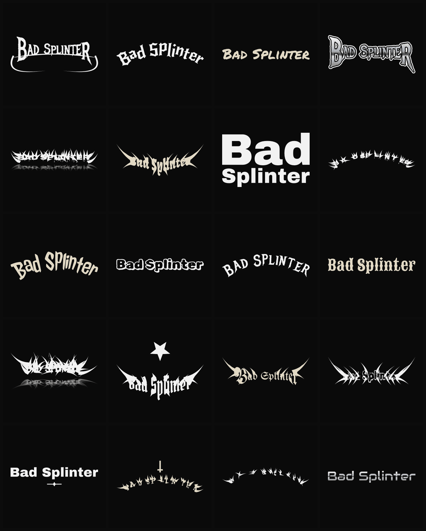 Twenty Bad Splinter band logo ideas — different faces, treatments and spike settings