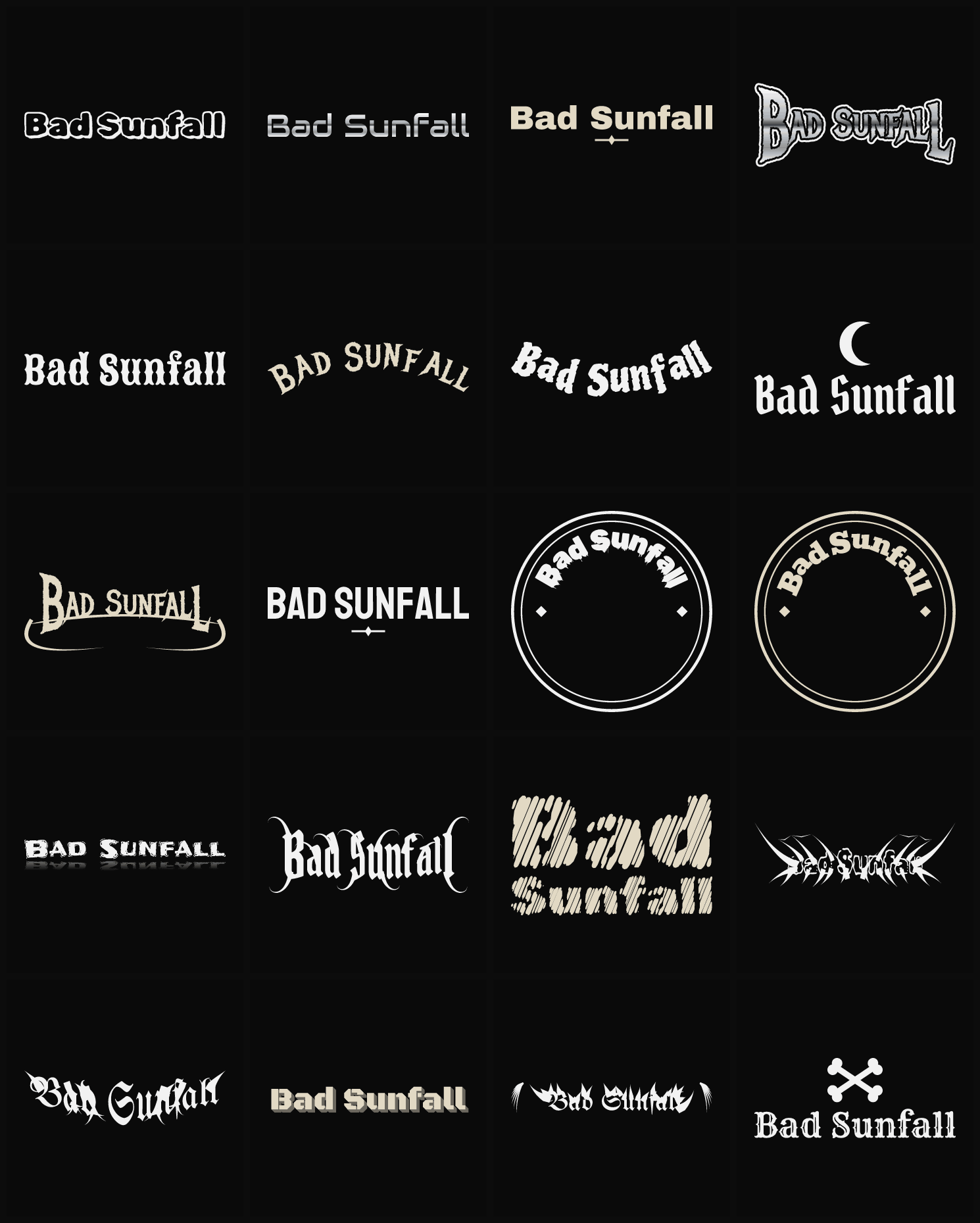 Twenty Bad Sunfall band logo ideas — different faces, treatments and spike settings