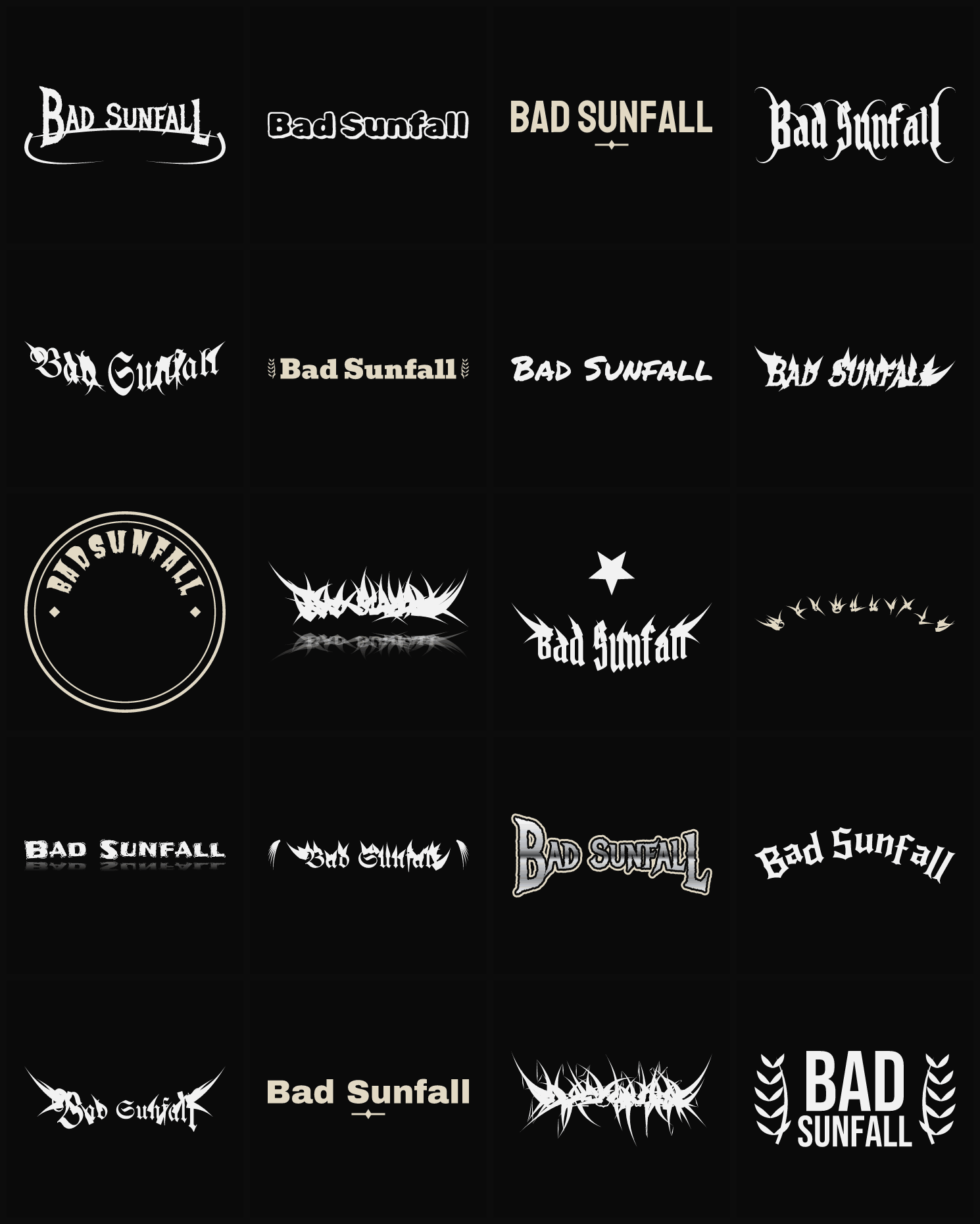 Twenty Bad Sunfall band logo ideas — different faces, treatments and spike settings