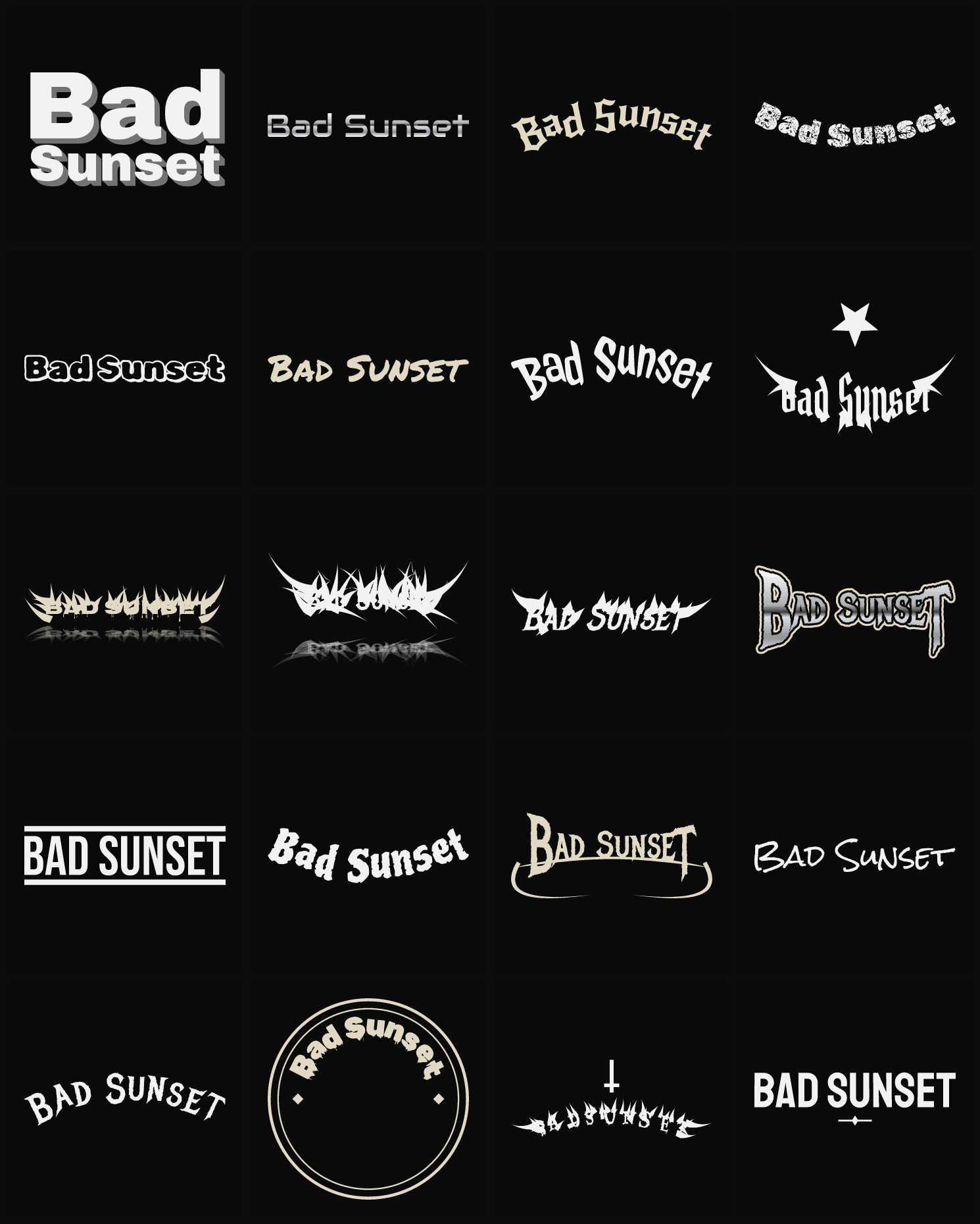 Twenty Bad Sunset band logo ideas — different faces, treatments and spike settings