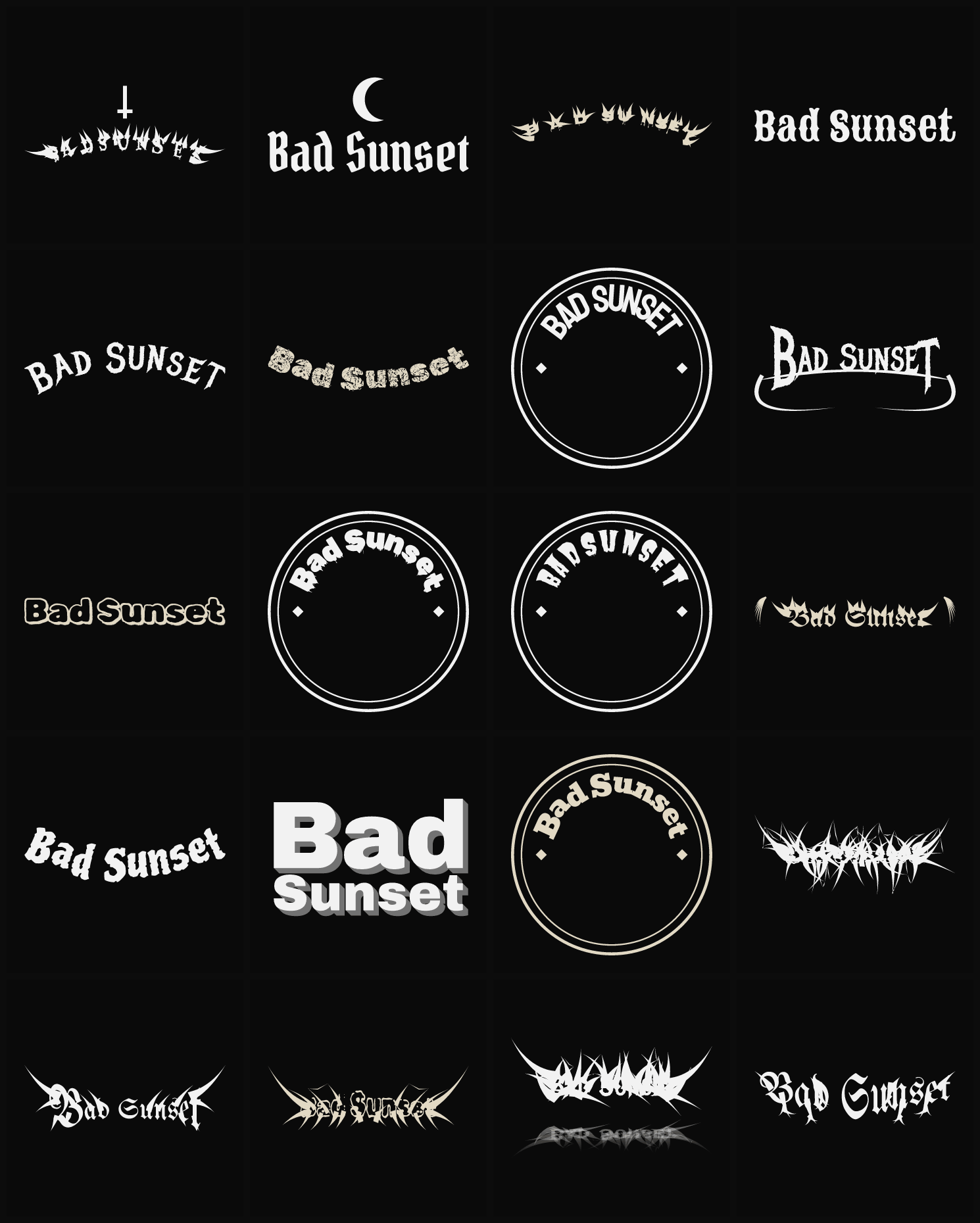 Twenty Bad Sunset band logo ideas — different faces, treatments and spike settings