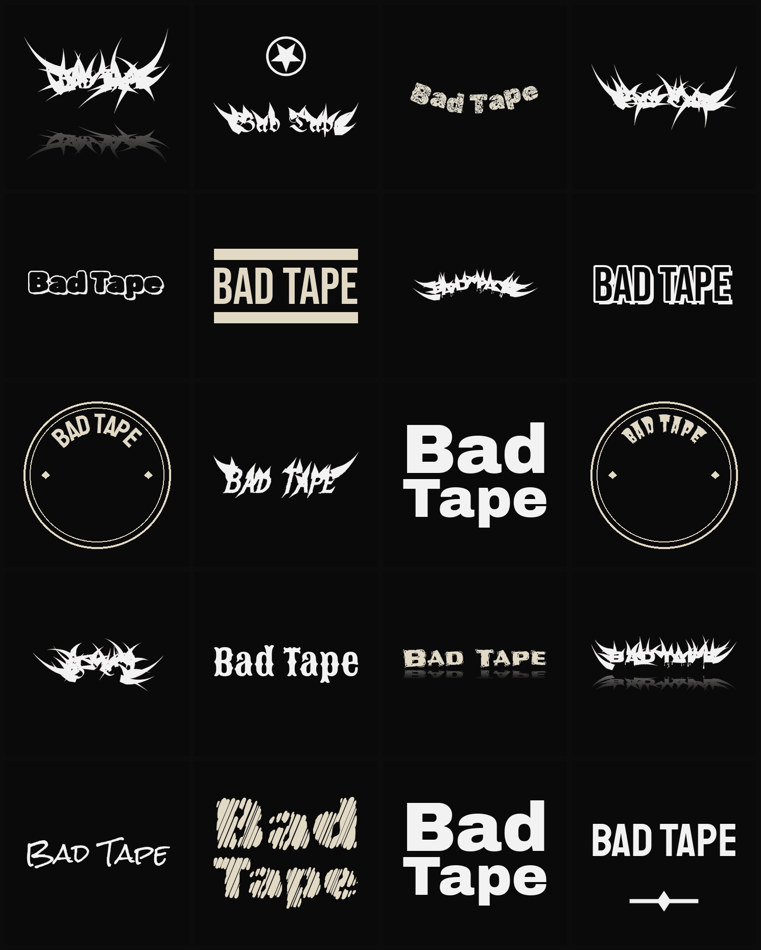Twenty Bad Tape band logo ideas — different faces, treatments and spike settings