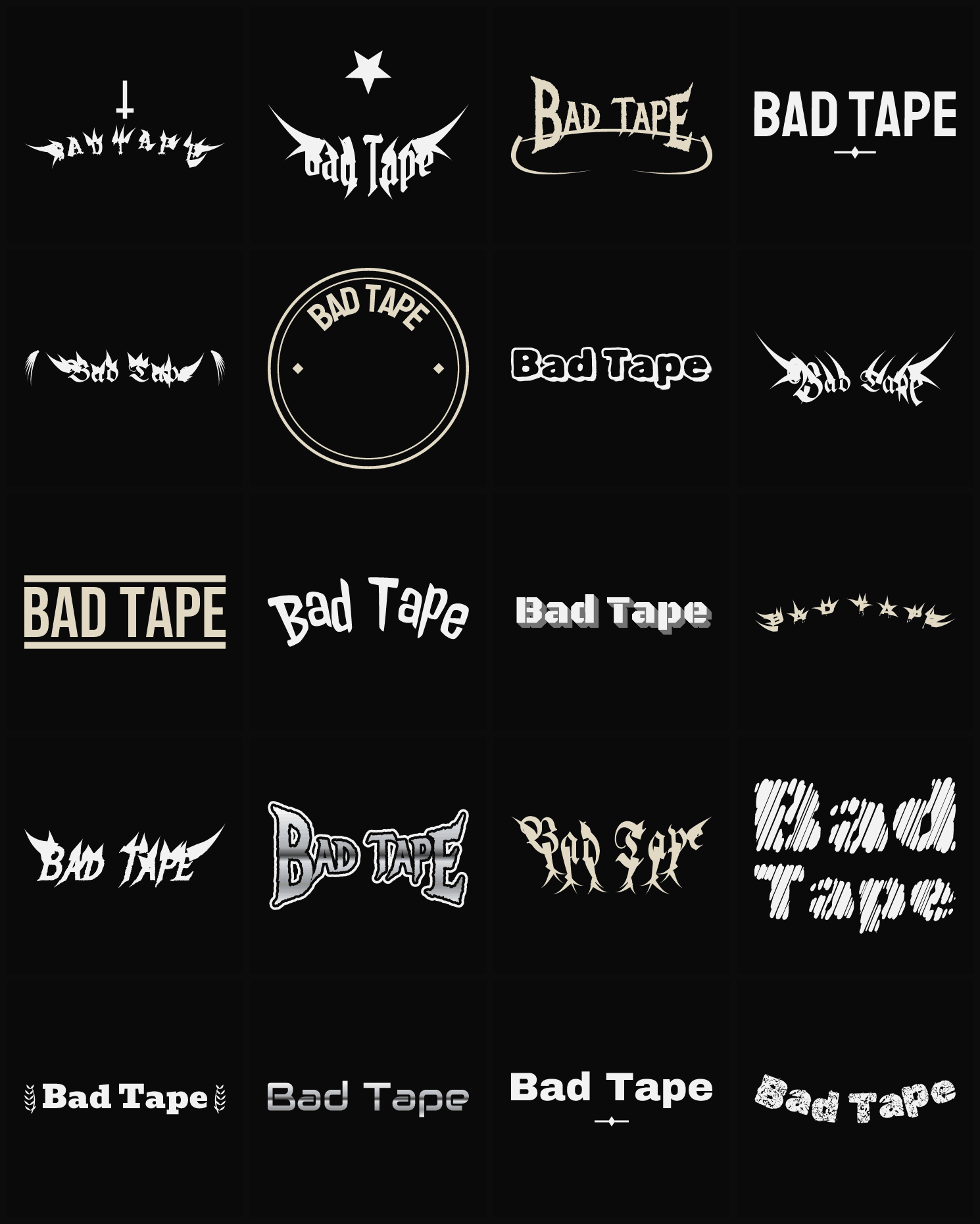Twenty Bad Tape band logo ideas — different faces, treatments and spike settings