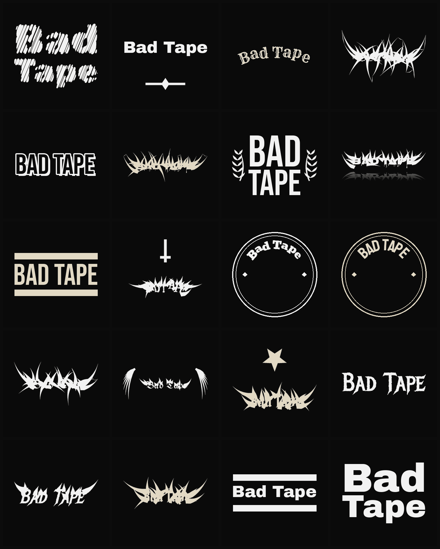 Twenty Bad Tape band logo ideas — different faces, treatments and spike settings