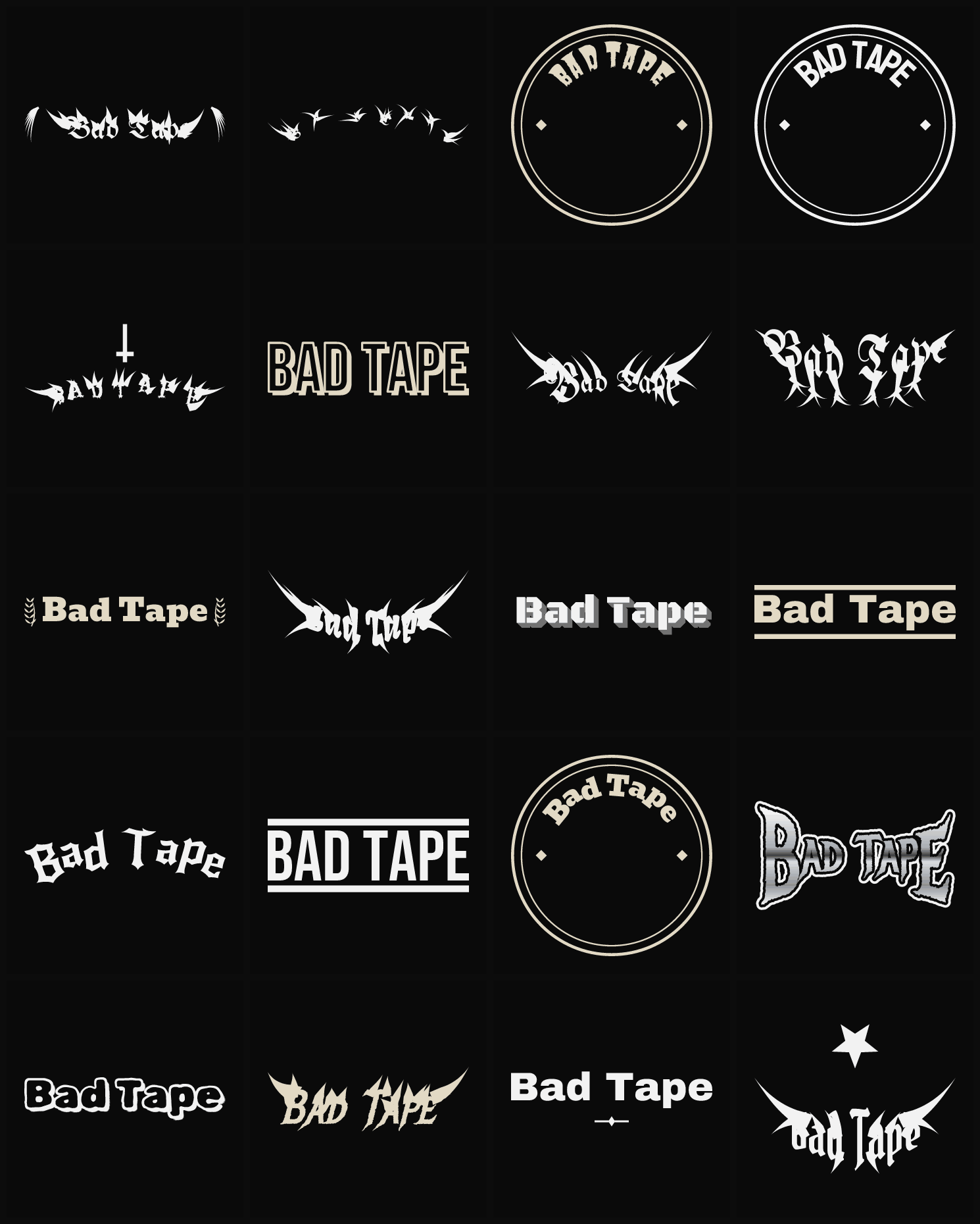 Twenty Bad Tape band logo ideas — different faces, treatments and spike settings