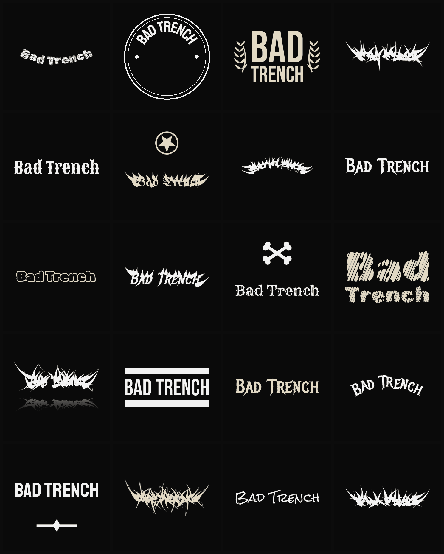 Twenty Bad Trench band logo ideas — different faces, treatments and spike settings